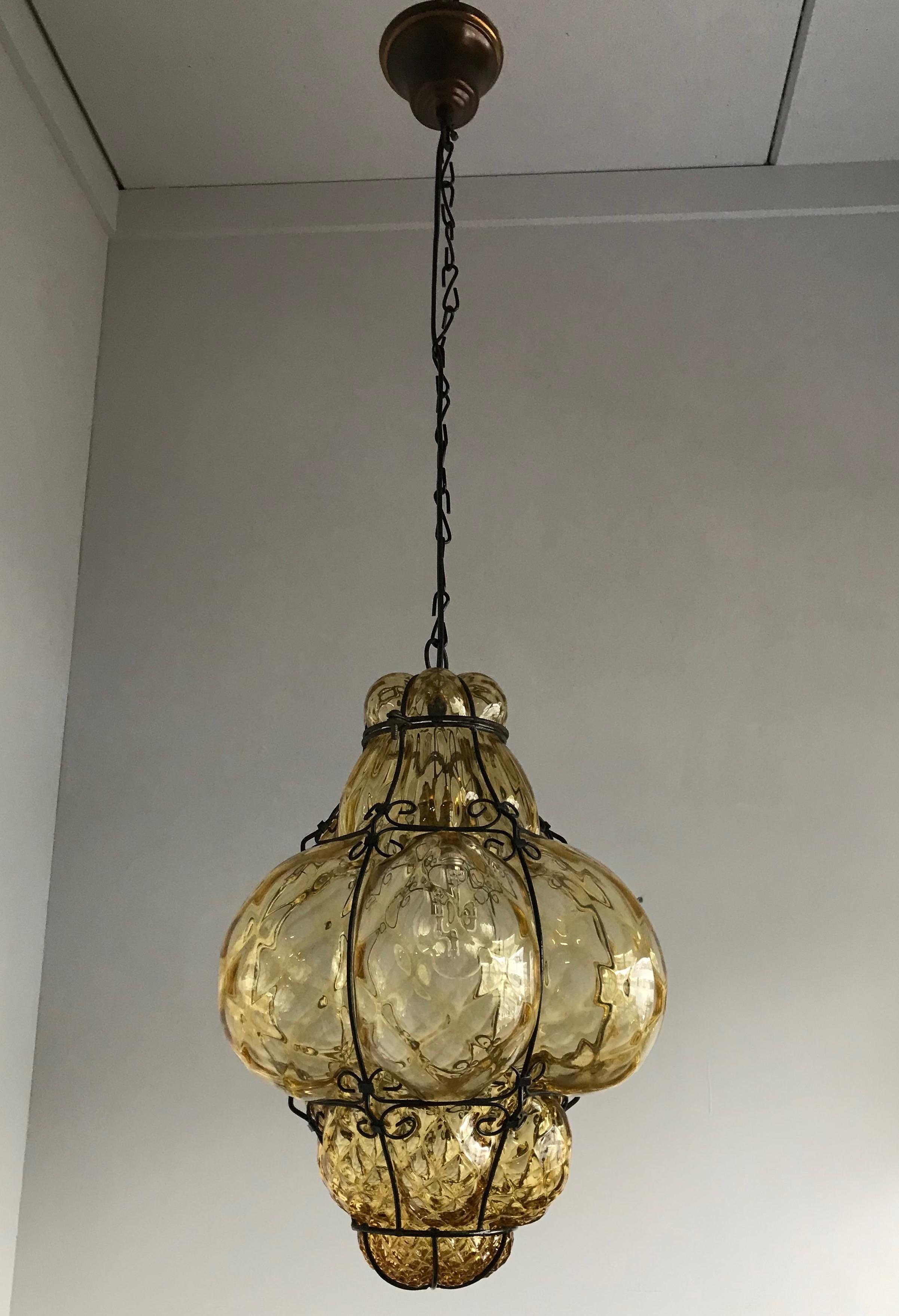 Antique Murano Venetian Mouthblown Amber Glass in Metal Frame Pendant Light  In Good Condition In Lisse, NL