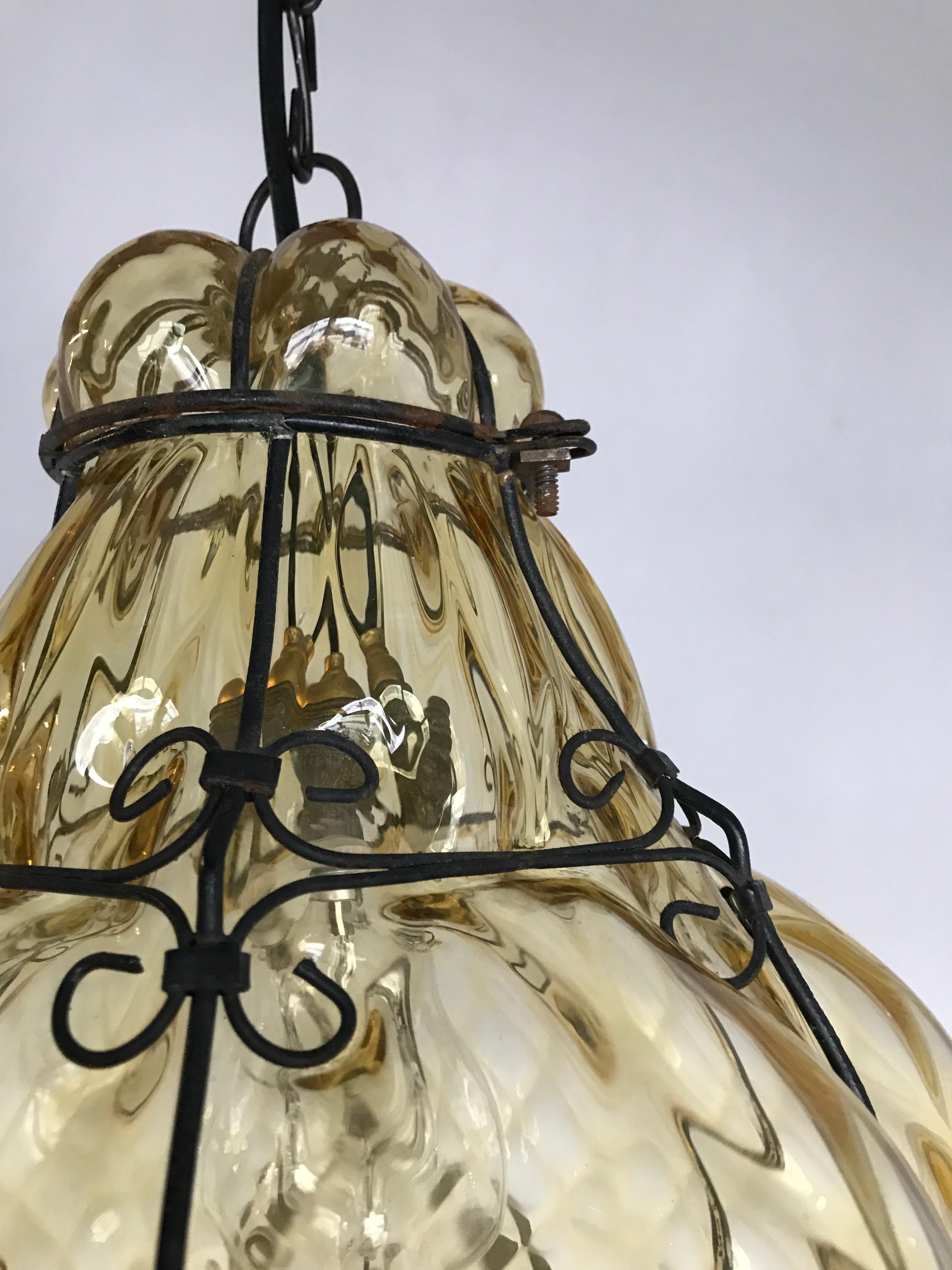 Antique Murano Venetian Mouthblown Amber Glass in Metal Frame Pendant Light  2