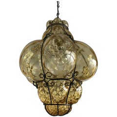 Antique Murano Venetian Mouthblown Amber Glass in Metal Frame Pendant Light 