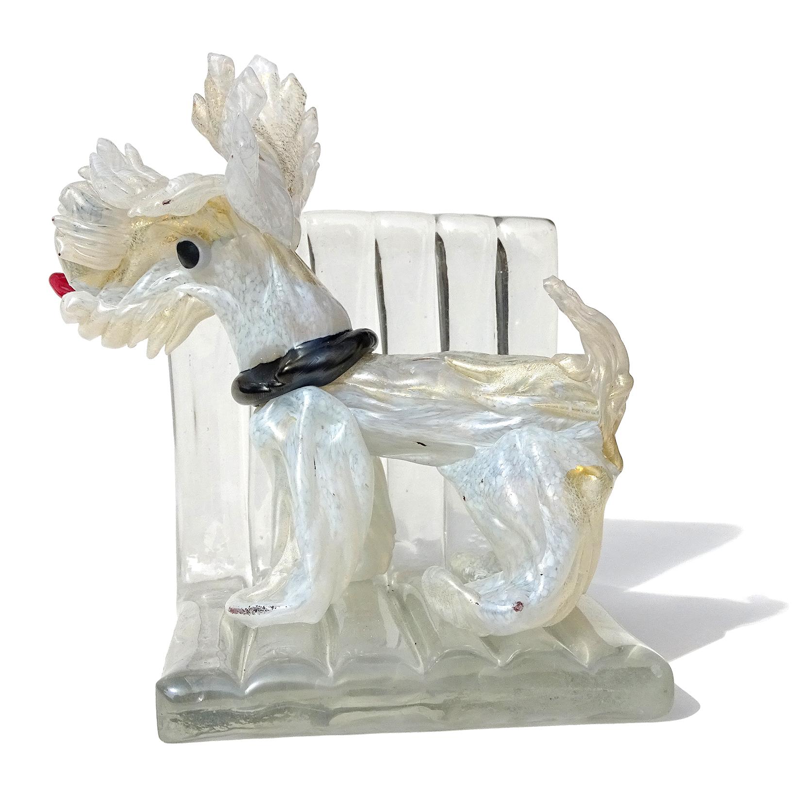Beautiful early antique Murano hand blown white and gold flecks Italian art glass scotty dog bookend sculpture. The dog is very well sculpted, with lots of details to create the fur all over. It has a black collar, nose and eyes, with bright red