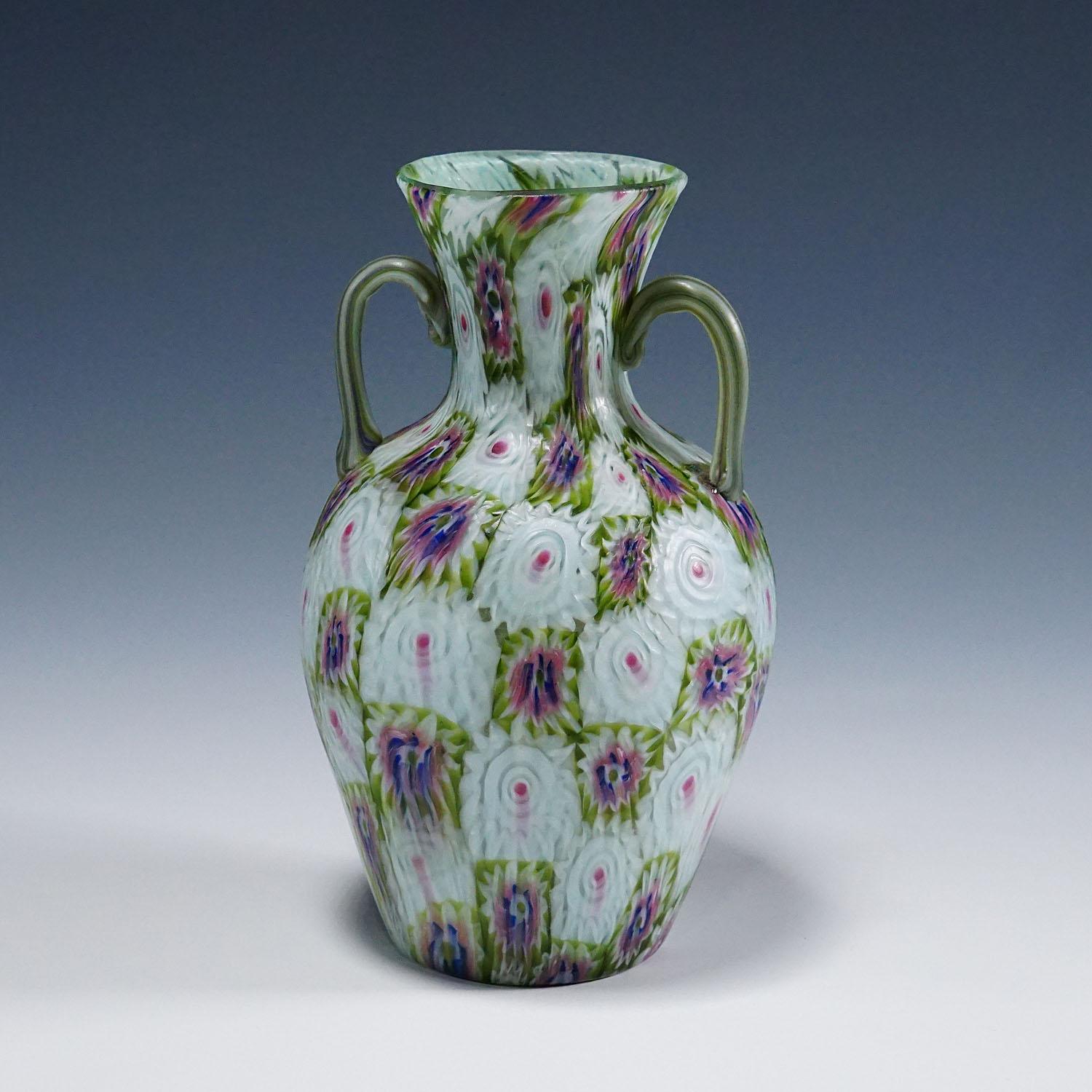 Italian Antique Murrine Vase with Handles, Fratelli Toso Murano ca. 1920s For Sale