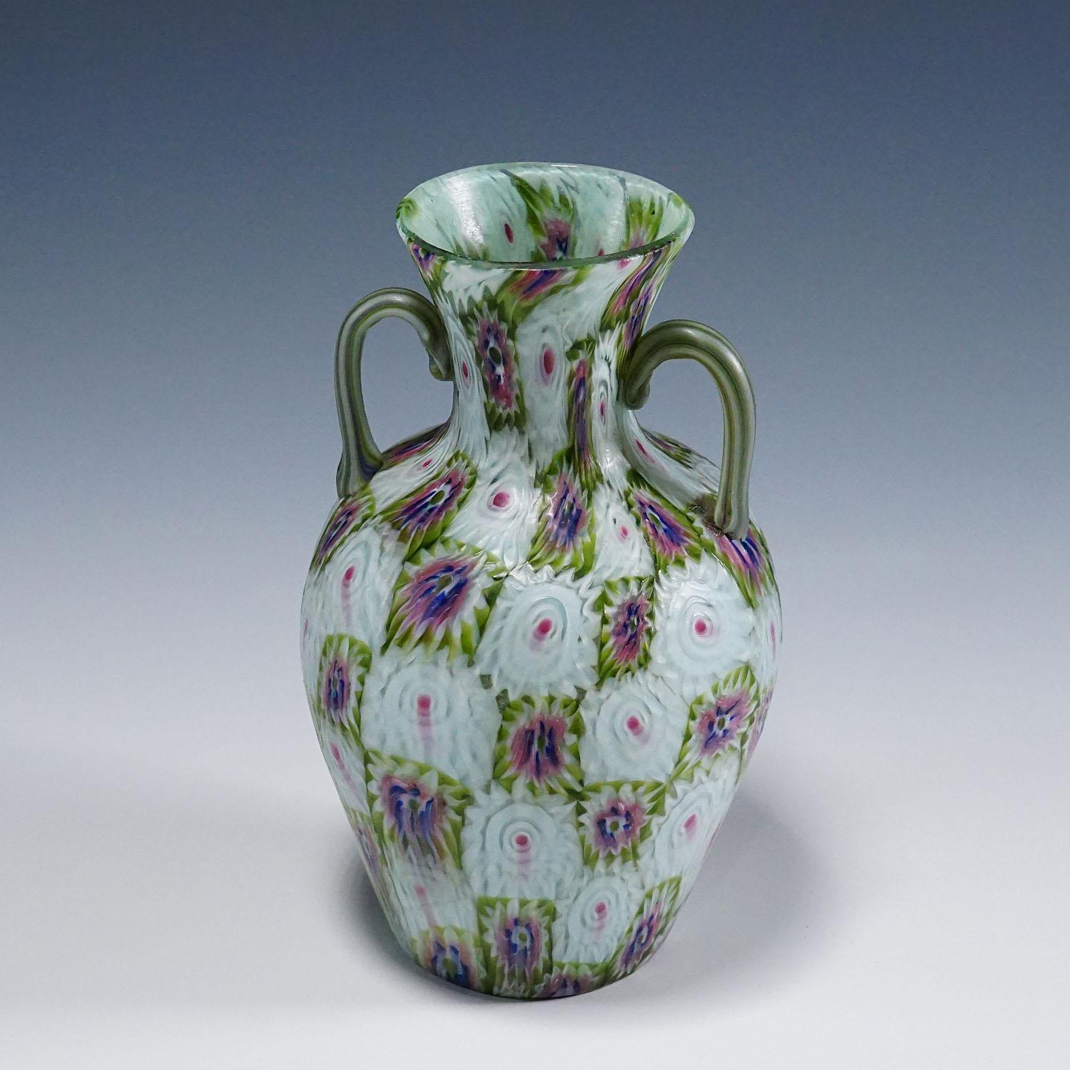 Hand-Crafted Antique Murrine Vase with Handles, Fratelli Toso Murano ca. 1920s For Sale