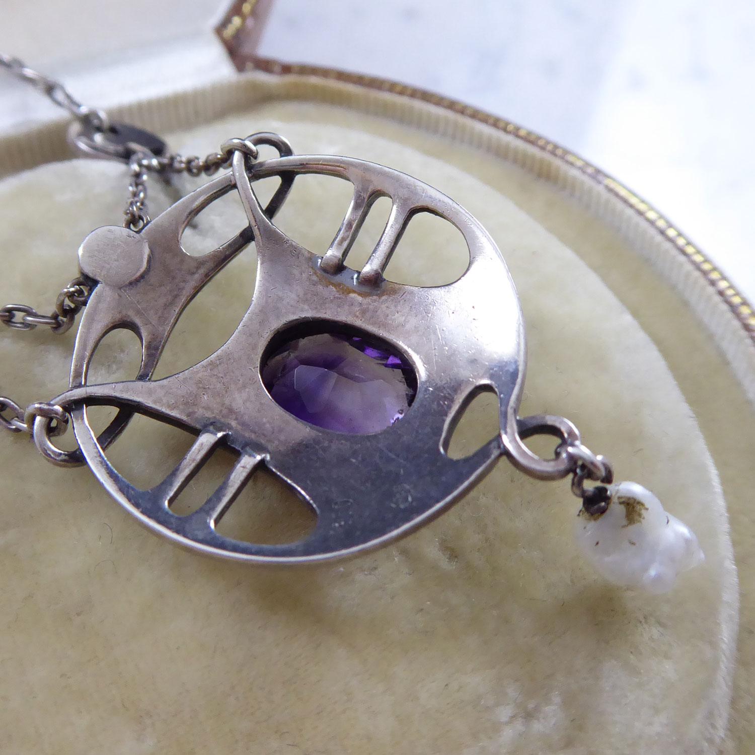 Oval Cut Antique Murrle Bennett Arts & Crafts Silver Amethyst Silver Necklace