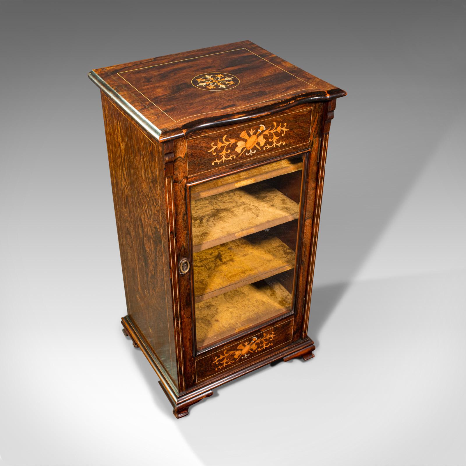 Antique Music Cabinet, English, Rosewood, Display Case, Inlay, Victorian, C.1870 1