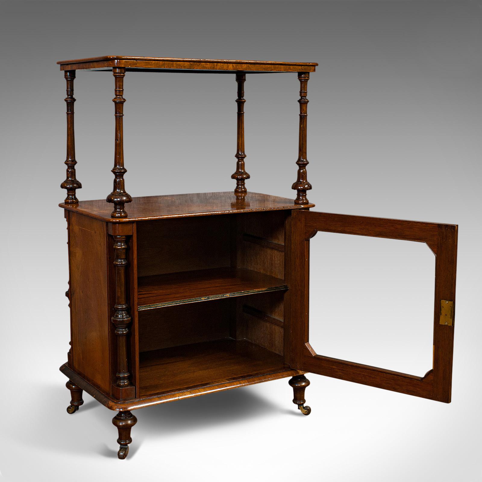 This is an antique music cabinet. An English, burr walnut display cupboard or whatnot, dating to the Victorian period, circa 1880.

Superb craftsmanship and appealing finish
Displaying a desirable aged patina
Burr walnut shows fine grain