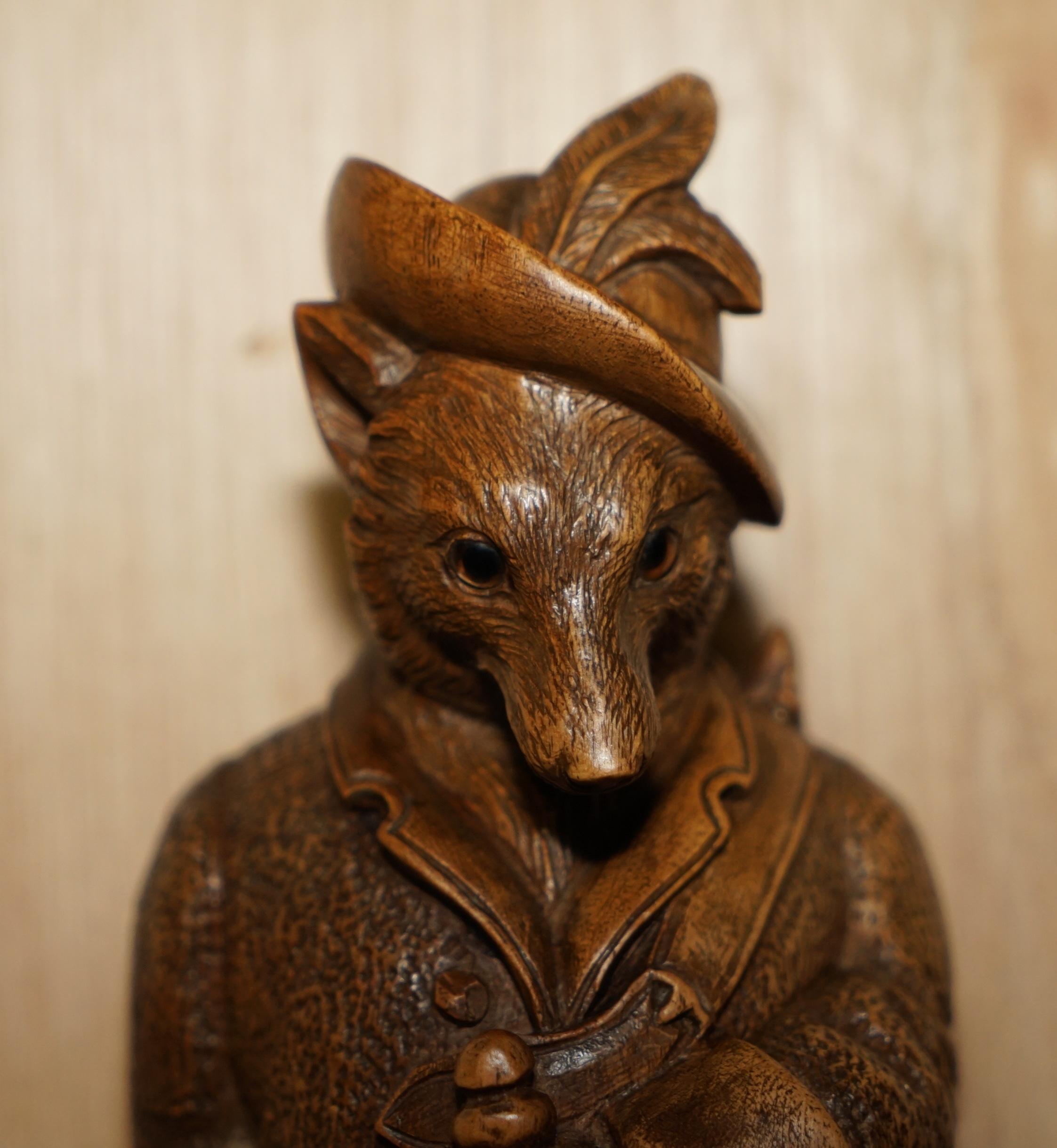 Swedish Antique Musical circa 1880 Black Forest Hand Carved Fox Whip Hook Glass Eyes For Sale