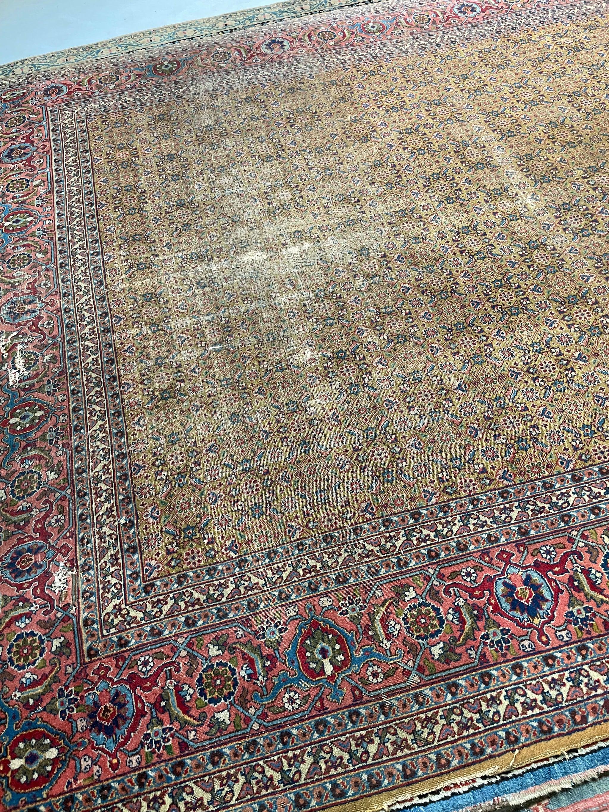 Tabriz antiguo de diseño mostaza azafrán y salmón en diseño Herati, c.1930 en Bueno estado para la venta en Milwaukee, WI