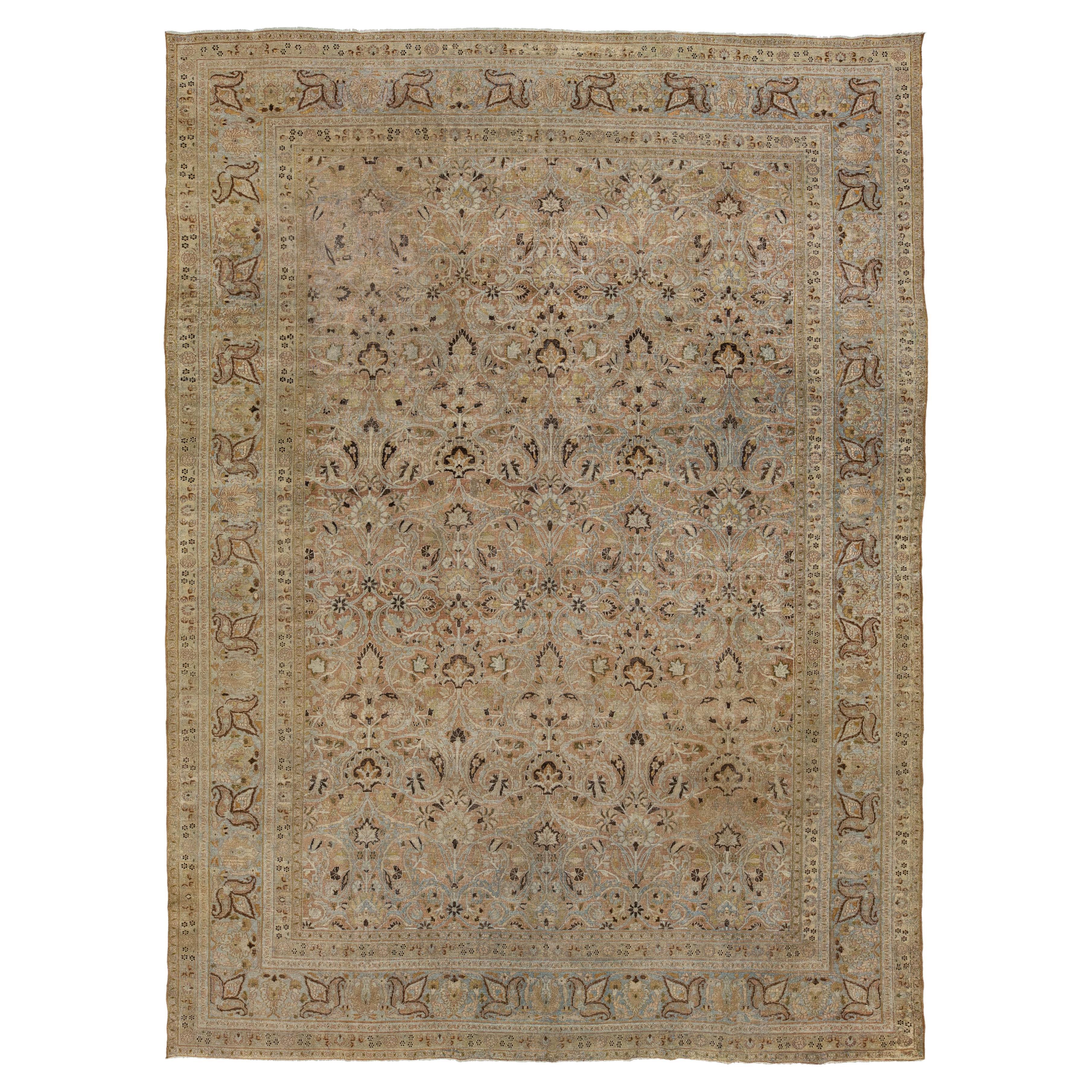 Antique Muted Tabriz Rug – Oversized Persian Floral Area Rug in Sage 
Sand