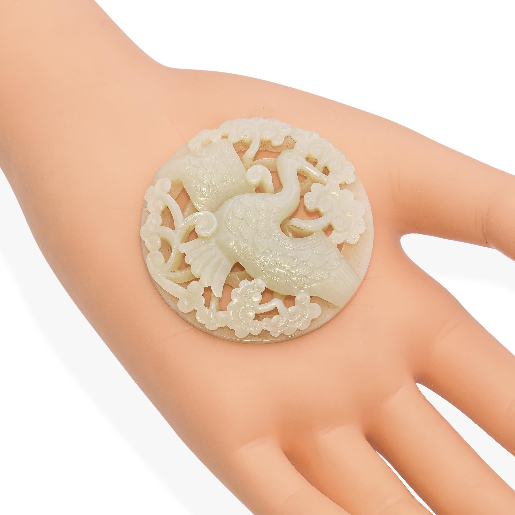Round Cut Antique Mutton Fat Jade Carved Crane Reticulated Openwork Amulet Plaque For Sale