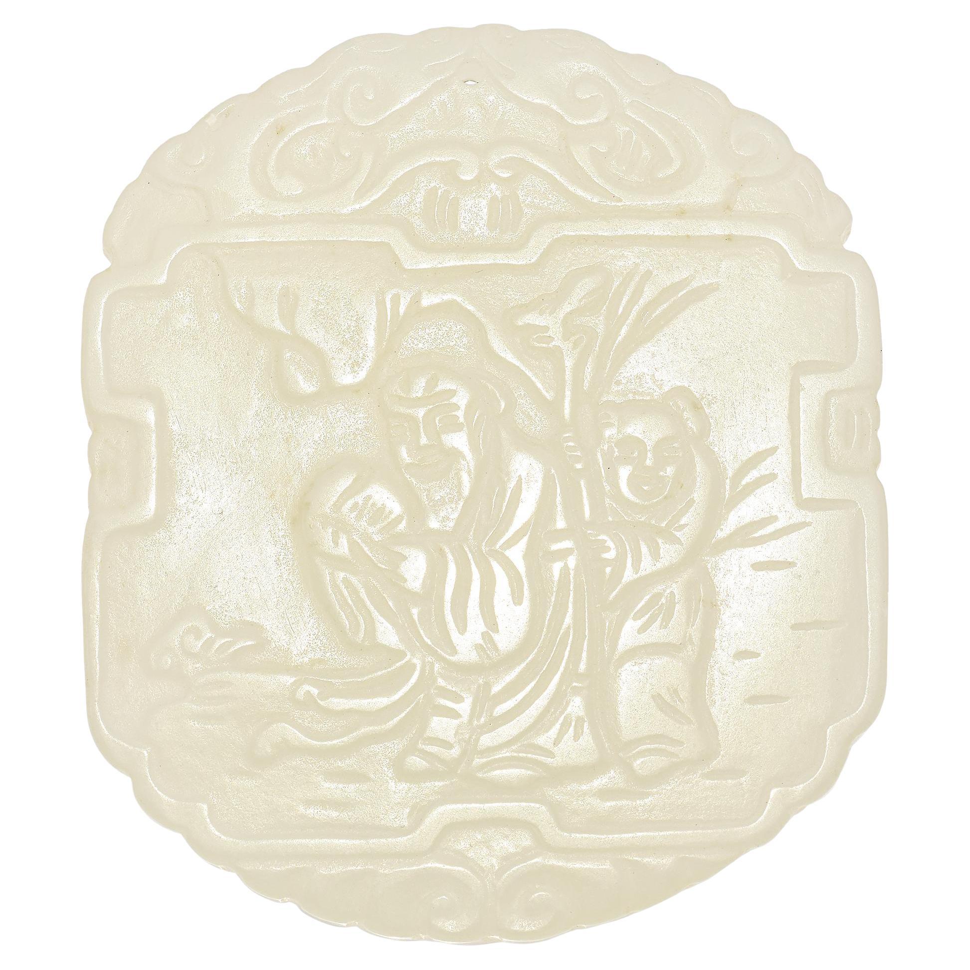 Antique Mutton Fat Jade Carved Official & Attendant Reversible Pendant