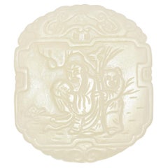 Antique Mutton Fat Jade Carved Official & Attendant Reversible Pendant