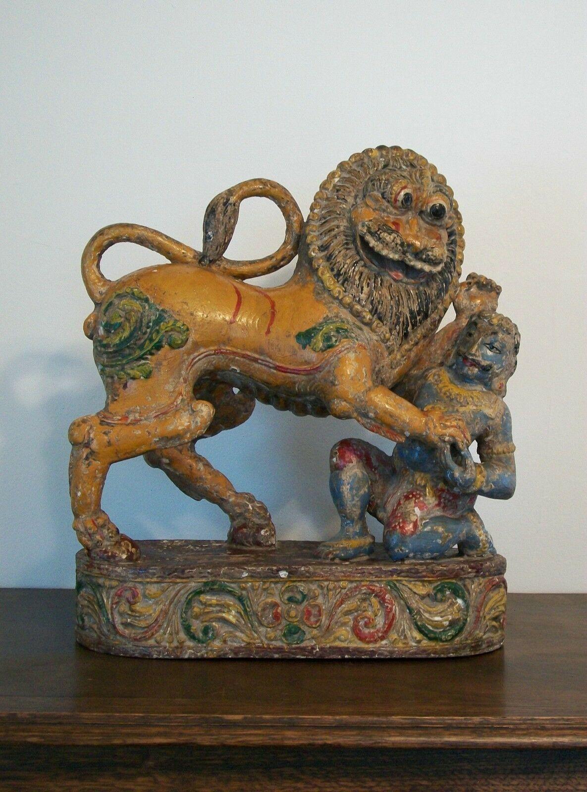 Antique Mythical Lion & Hunter, Hand Carved & Painted, India, 19th Century For Sale 3