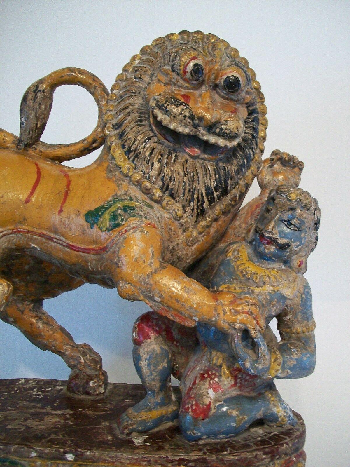 Antique Mythical Lion & Hunter, Hand Carved & Painted, India, 19th Century For Sale 4