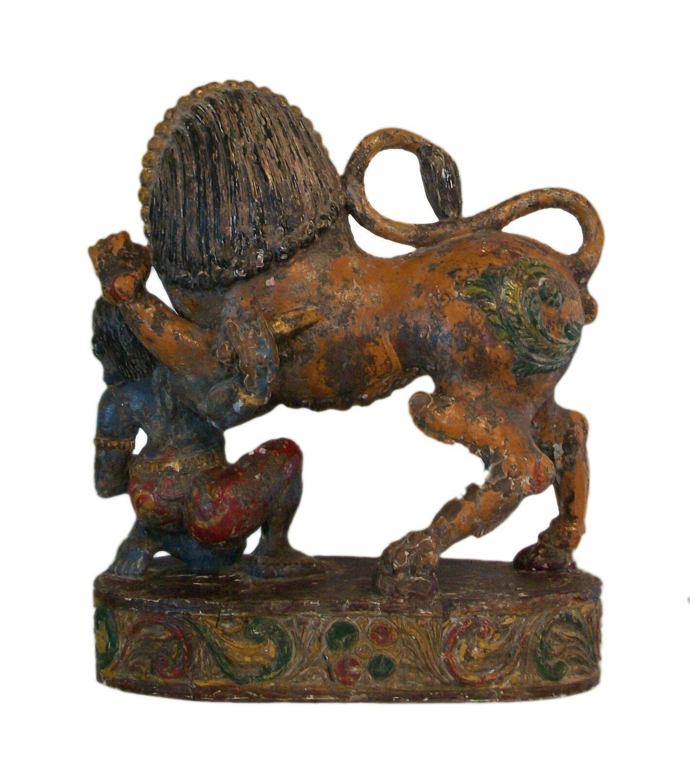 Indian Antique Mythical Lion & Hunter, Hand Carved & Painted, India, 19th Century For Sale