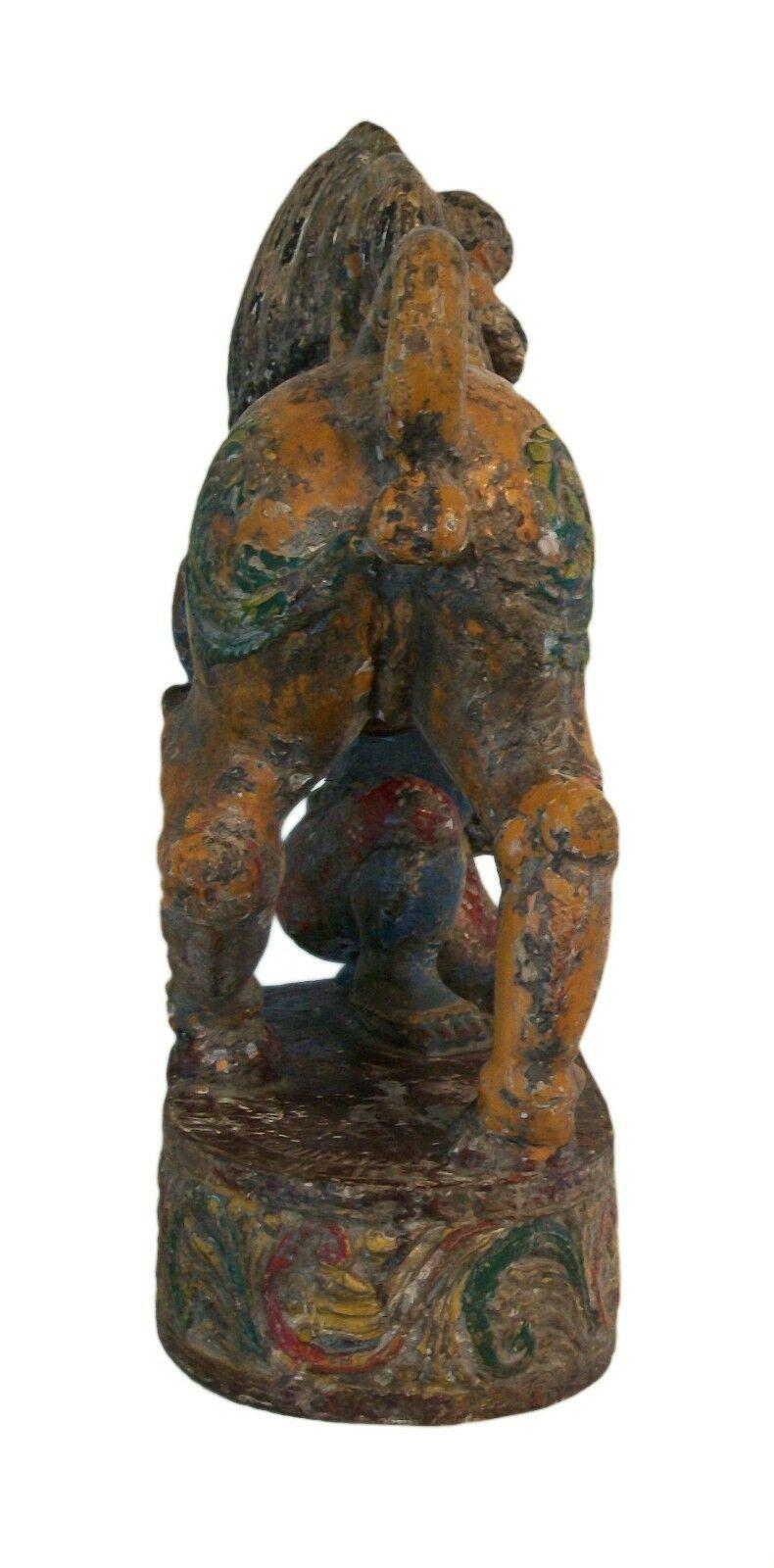Antique Mythical Lion & Hunter, Hand Carved & Painted, India, 19th Century In Good Condition For Sale In Chatham, ON