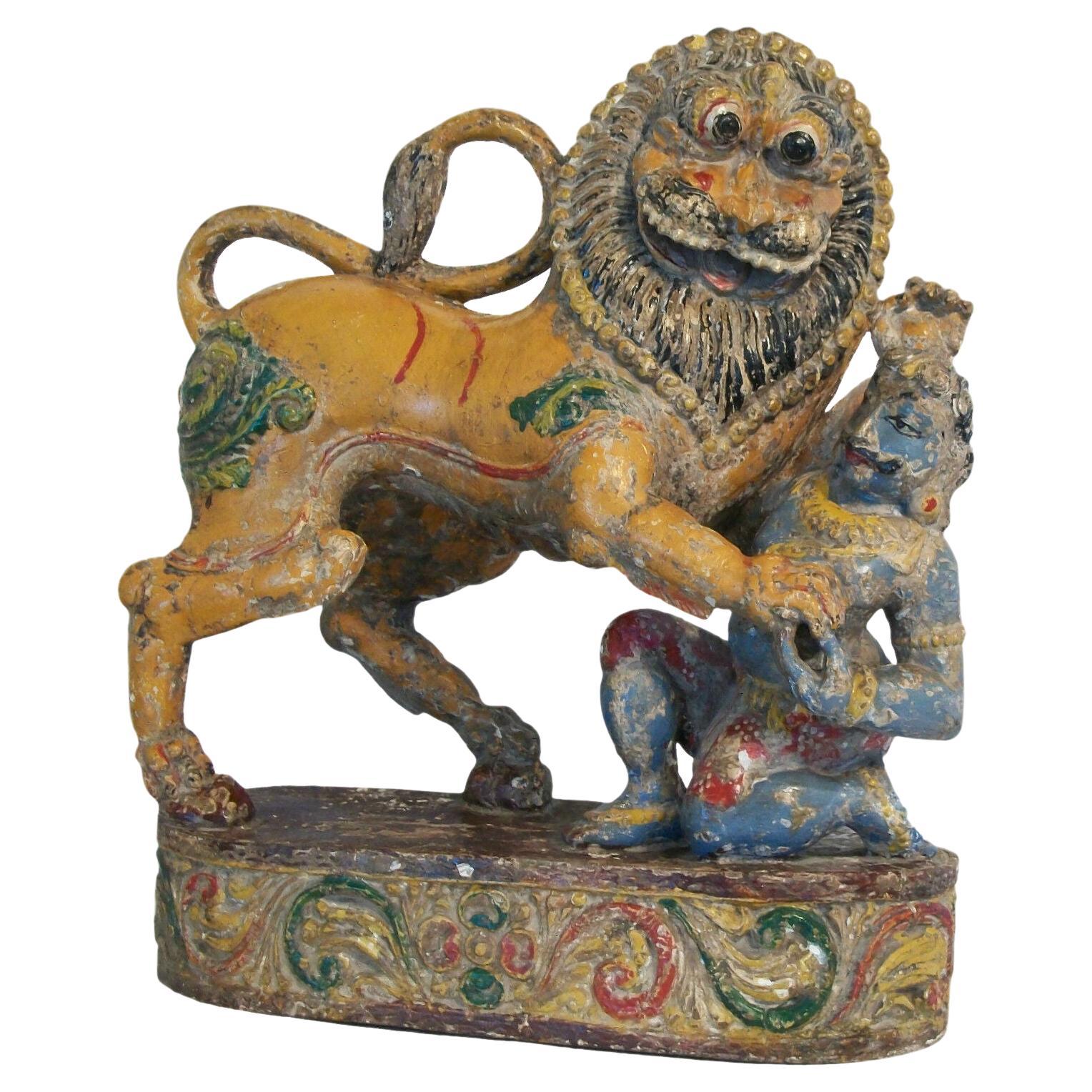 Antique Mythical Lion & Hunter, Hand Carved & Painted, India, 19th Century For Sale