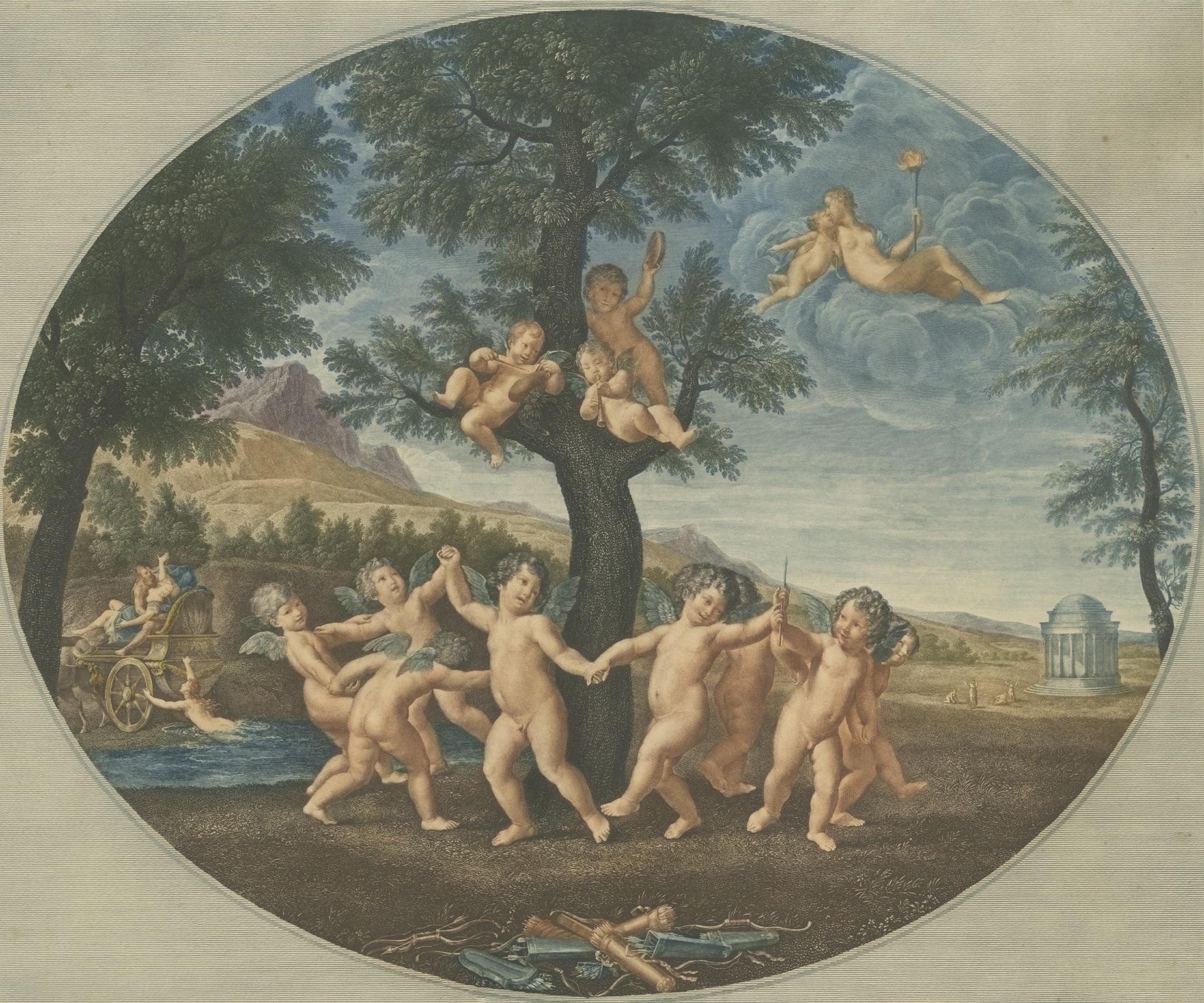 Antique print titled 'Amorettentanz'. Mythological print of amoretti dancing around a monument to the god Amor. They are celebrating the abduction of Proserpina by Pluto. This incident is related in two side scenes. Amor is the companion of the