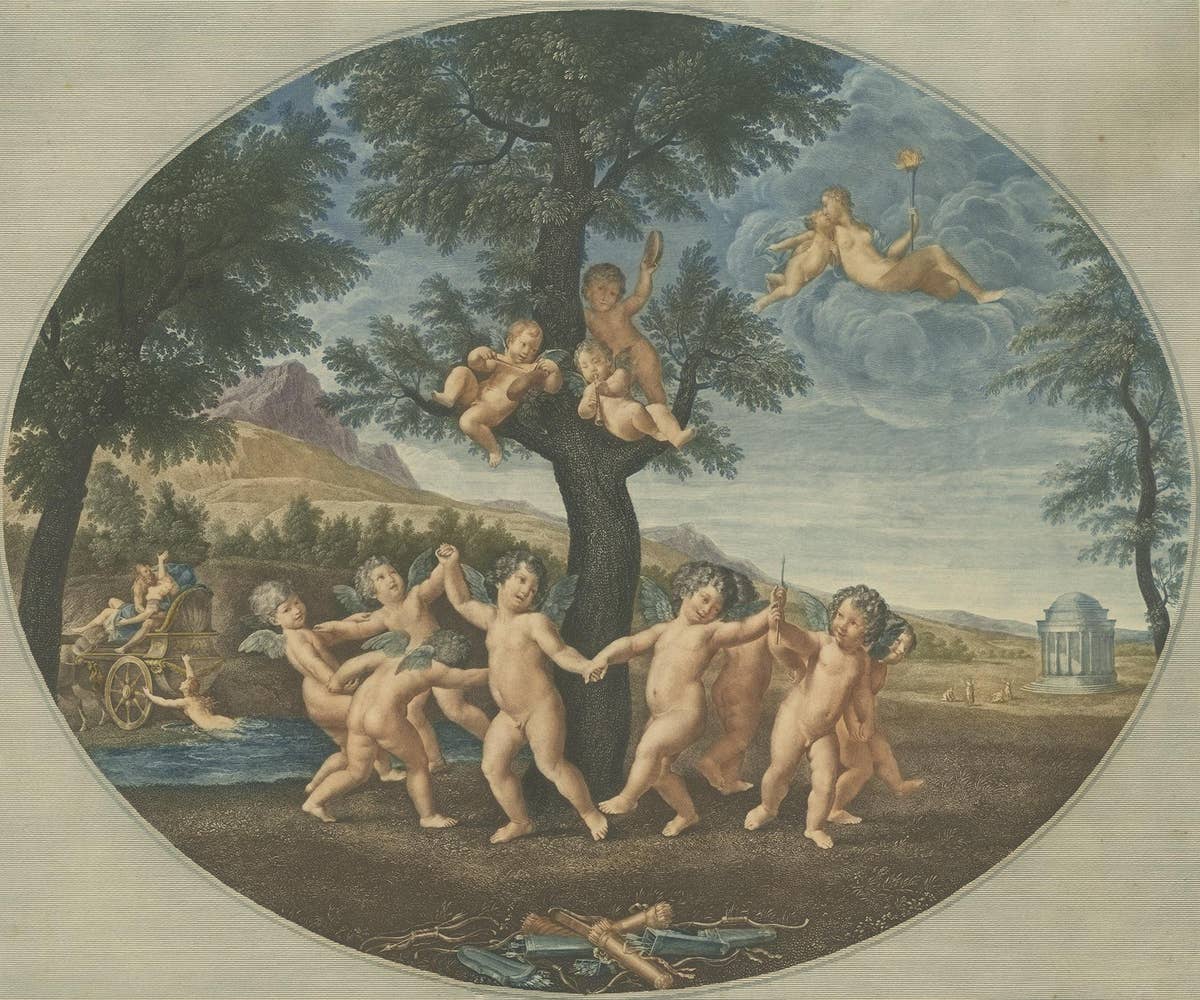 Antique Mythological Print of Amoretti Dancing to the God Amor, circa 1900