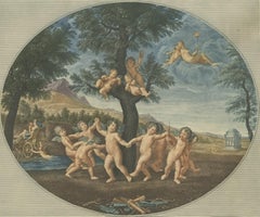 Antique Mythological Print of Amoretti Dancing to the God Amor, circa 1900
