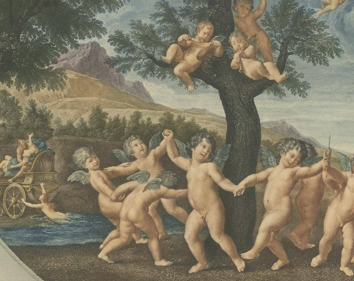 Antique Mythological Print of Amoretti Dancing to the God Amor, circa 1900