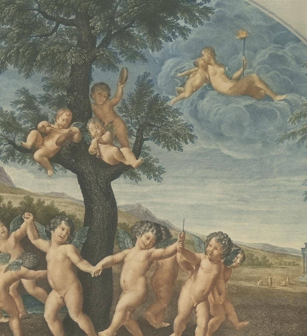 Antique Mythological Print of Amoretti Dancing to the God Amor, circa 1900