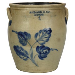 Antique N Clark & Co Lyons Four-Gallon Blue Decorated Stoneware Crock, 19th C
