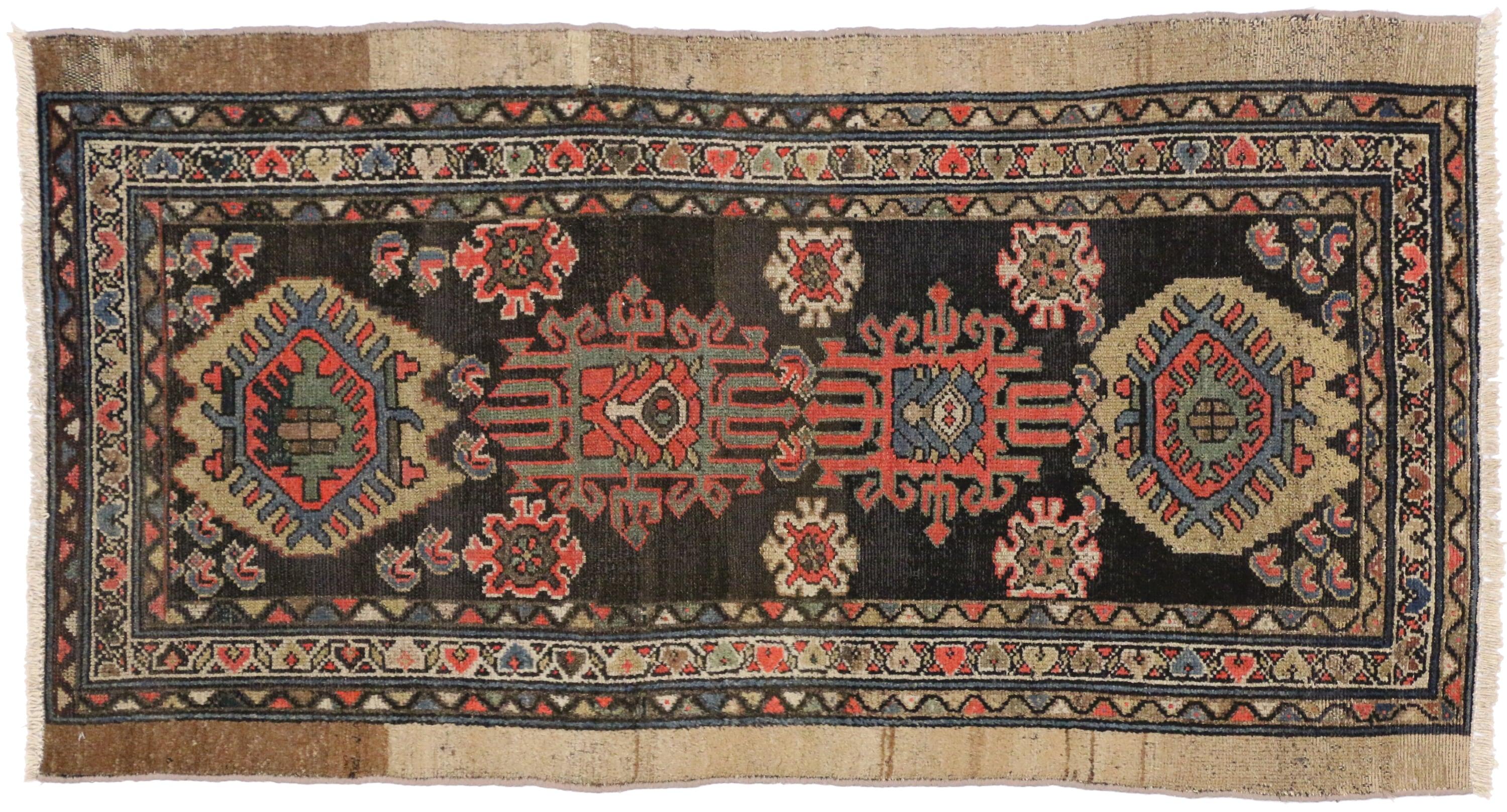 72610, antique Nahavand Hamadan accent rug with tribal style, small runner. Traditional meets bohemian in this stunning artifact of Persian weaving. Tribal and rustic in style, this antique Nahavand Hamadan rug is the perfect accent to virtually