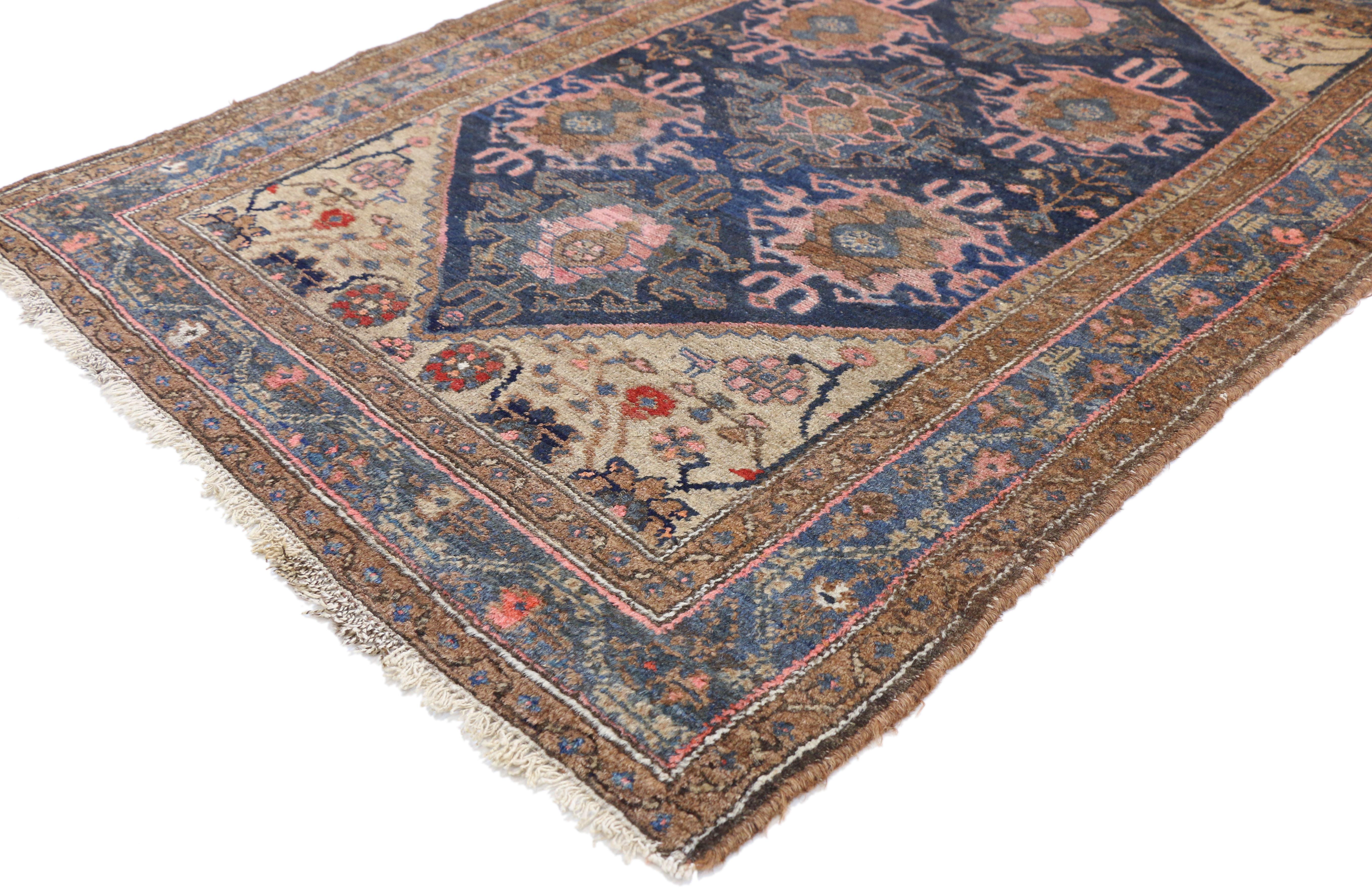 73076 Antique Nahavand Hamadan Persian Rug with Modern Style. Full of character and stately presence, this antique Hamadan Persian rug with modern style showcases an extravagant geometric design rendered in beautiful variegated shades of navy, pink,