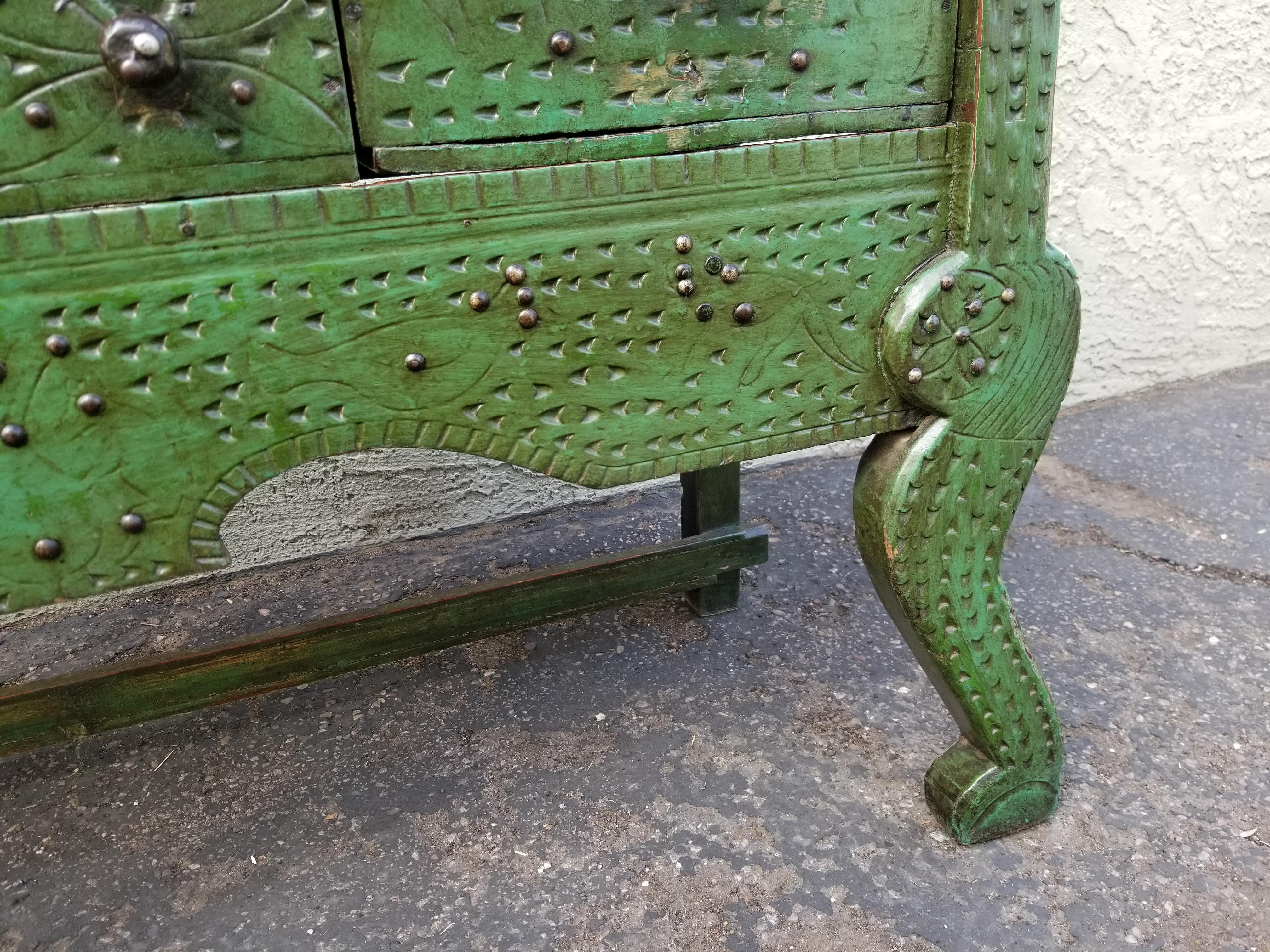 Beautiful green painted antique Guatamalan Nahuala table with 5 drawers. Charming Folk Art piece that shows wonderful age and patina.