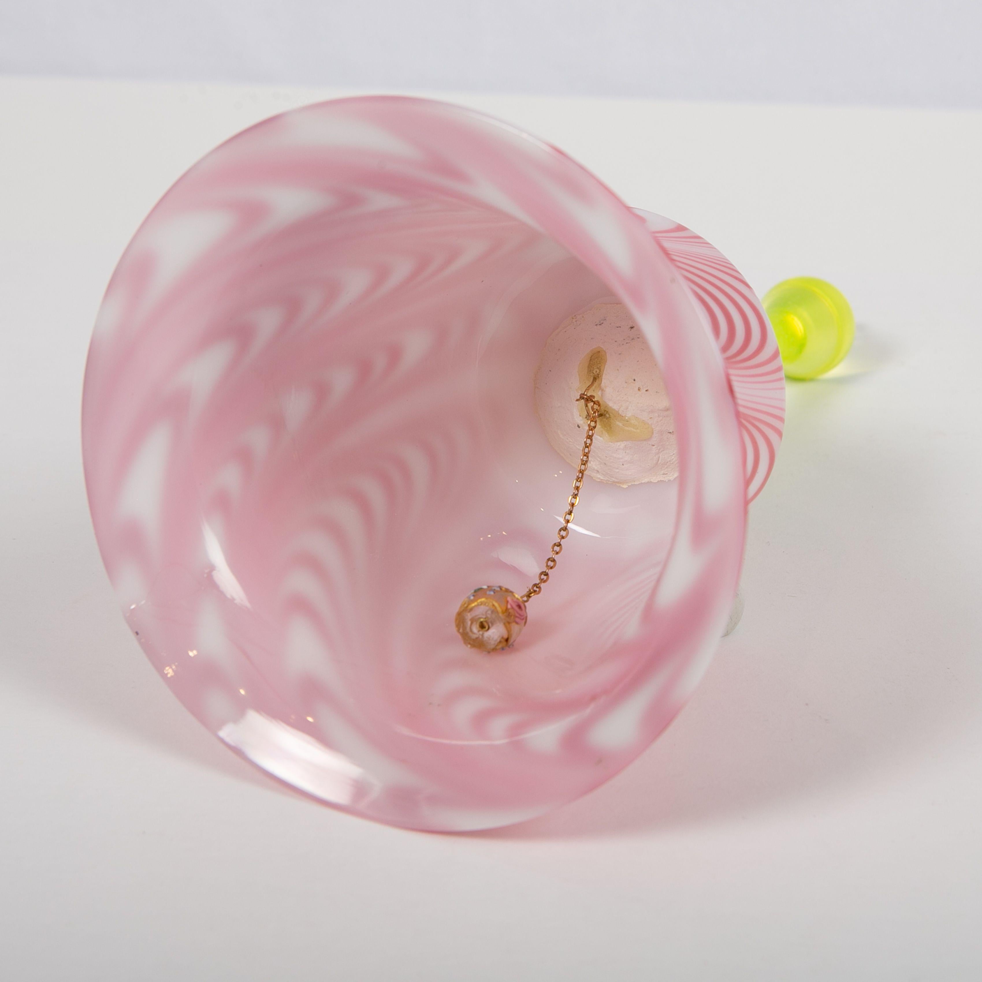 English Antique Nailsea Colored Glass Bell Pink, White with Chartreuse Handle circa 1840