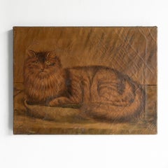 Antique Naive Folk Art Cat Portrait, Original Oil On Canvas Painting, 19th C.