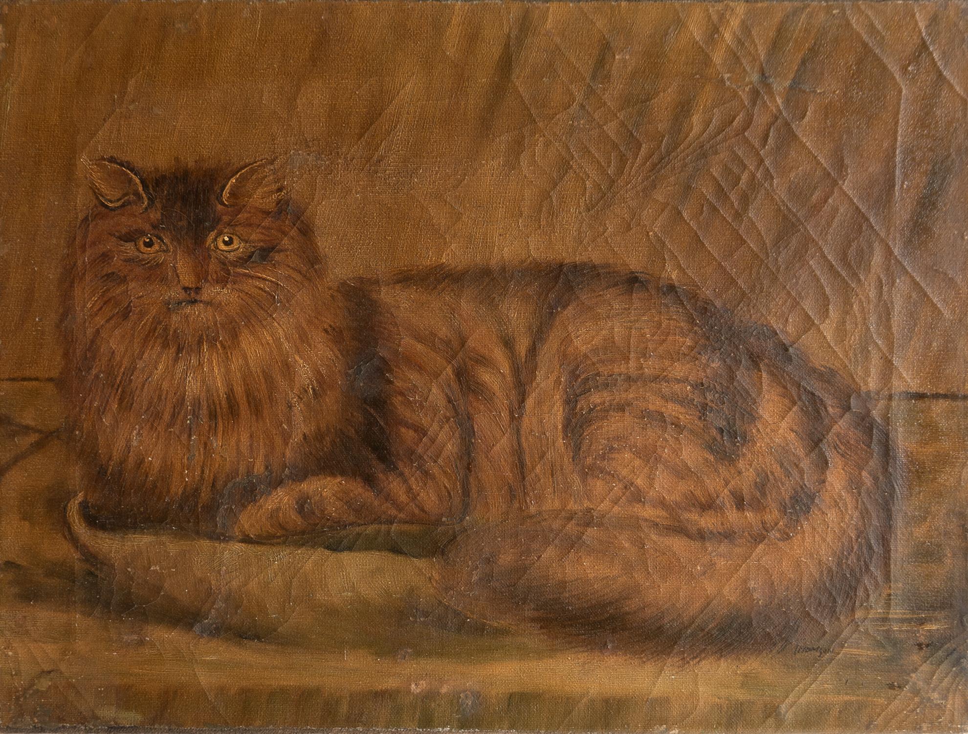 Hand-Crafted Antique Naive Folk Art Cat Portrait, Original Oil On Canvas Painting, 19th C. For Sale