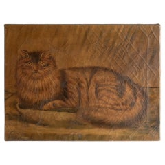 Antique Naive Folk Art Cat Portrait, Original Oil On Canvas Painting, 19th C.