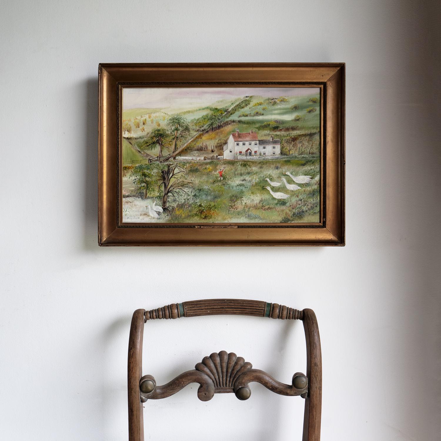 Antike Naive Volkskunst Ländliche Landschaft, Original Ölgemälde, Ende 19. im Angebot 3
