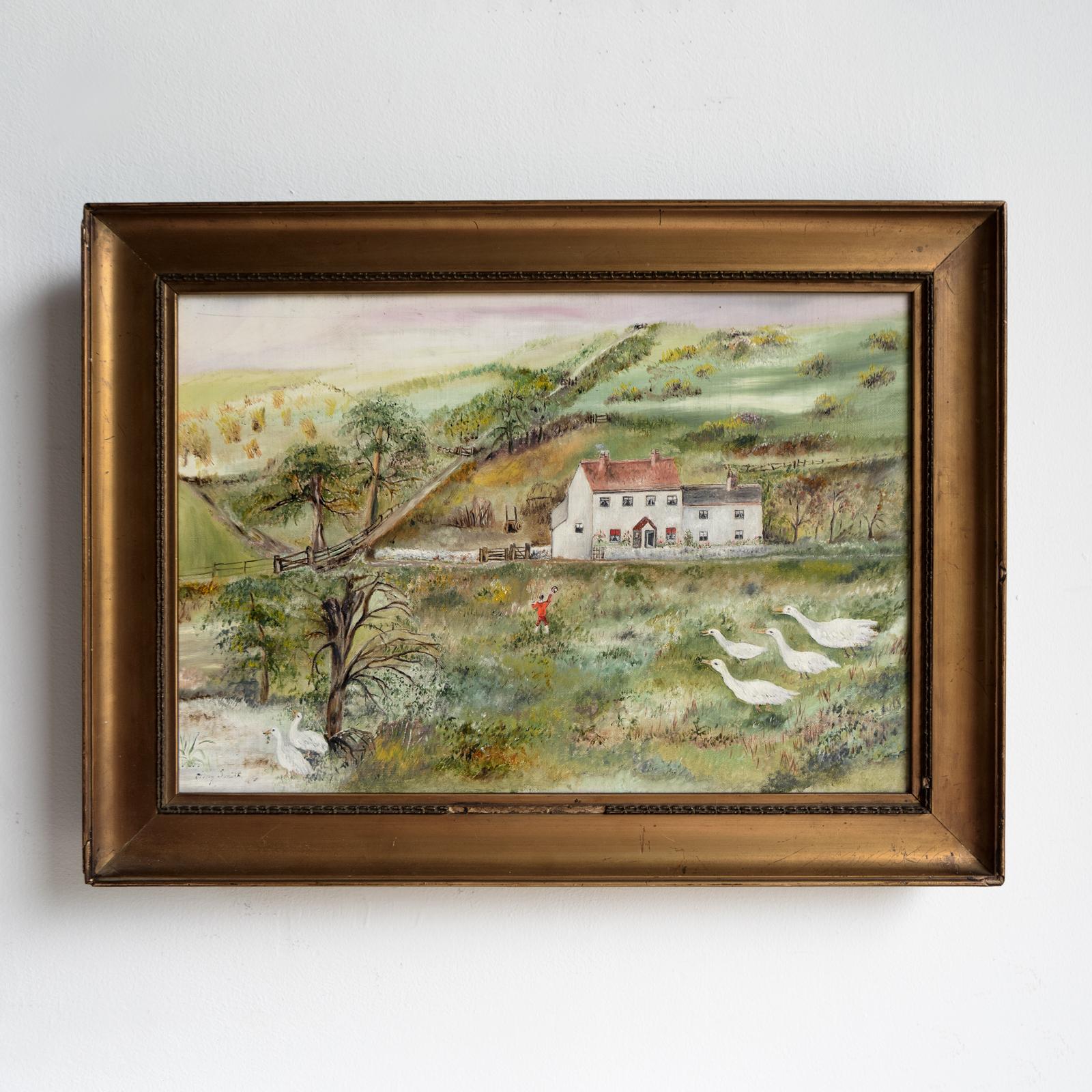 Antike Naive Volkskunst Ländliche Landschaft, Original Ölgemälde, Ende 19. im Angebot 5
