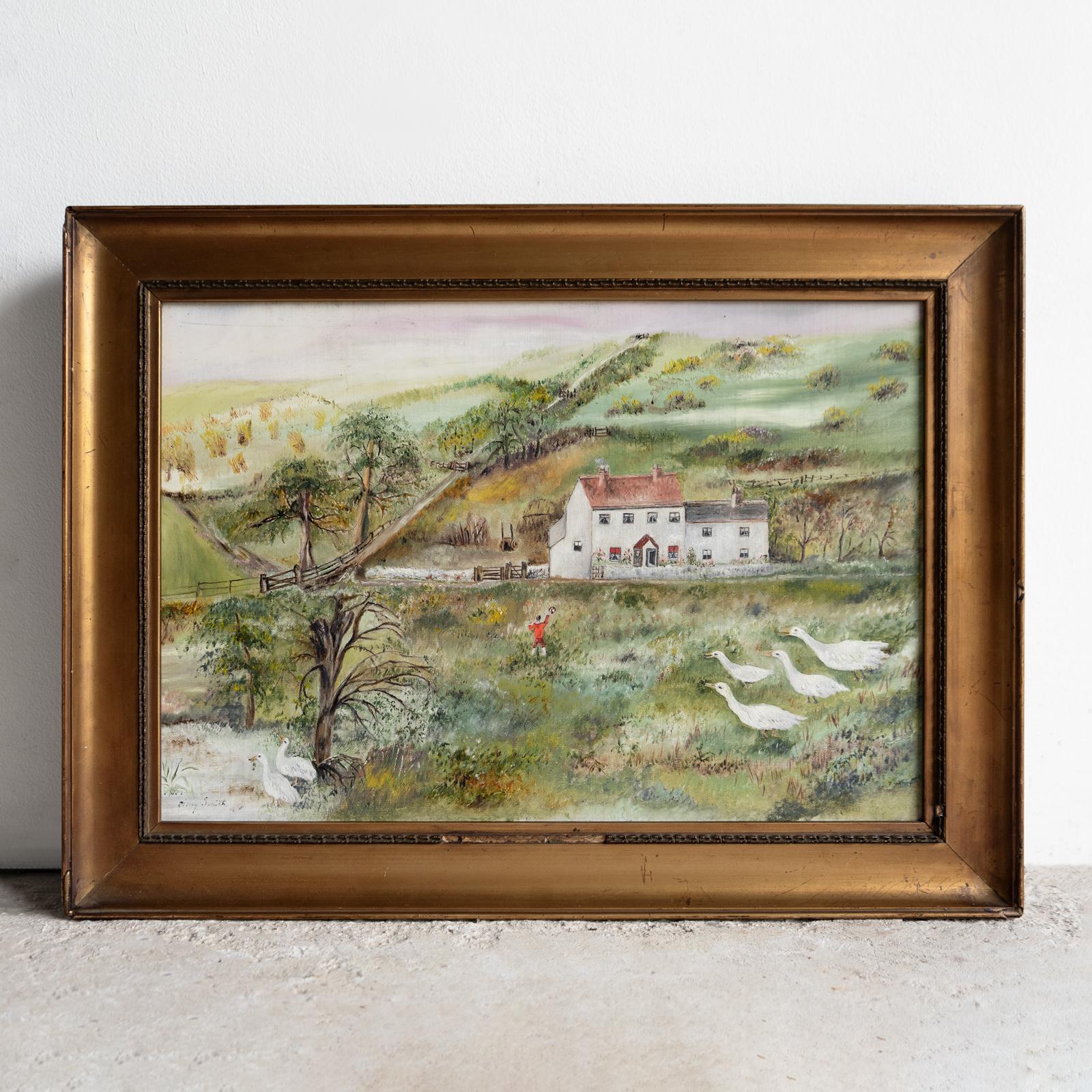 ANTIKES ORIGINALGEMÄLDE IN ÖL AUF LEINWAND  

Das Bild zeigt eine reizvolle ländliche Szene, in deren Mittelpunkt ein großes weißes Bauernhaus inmitten eines üppig grünen Tals steht, das von sanften Hügeln umgeben ist. Eine rot gekleidete Gestalt