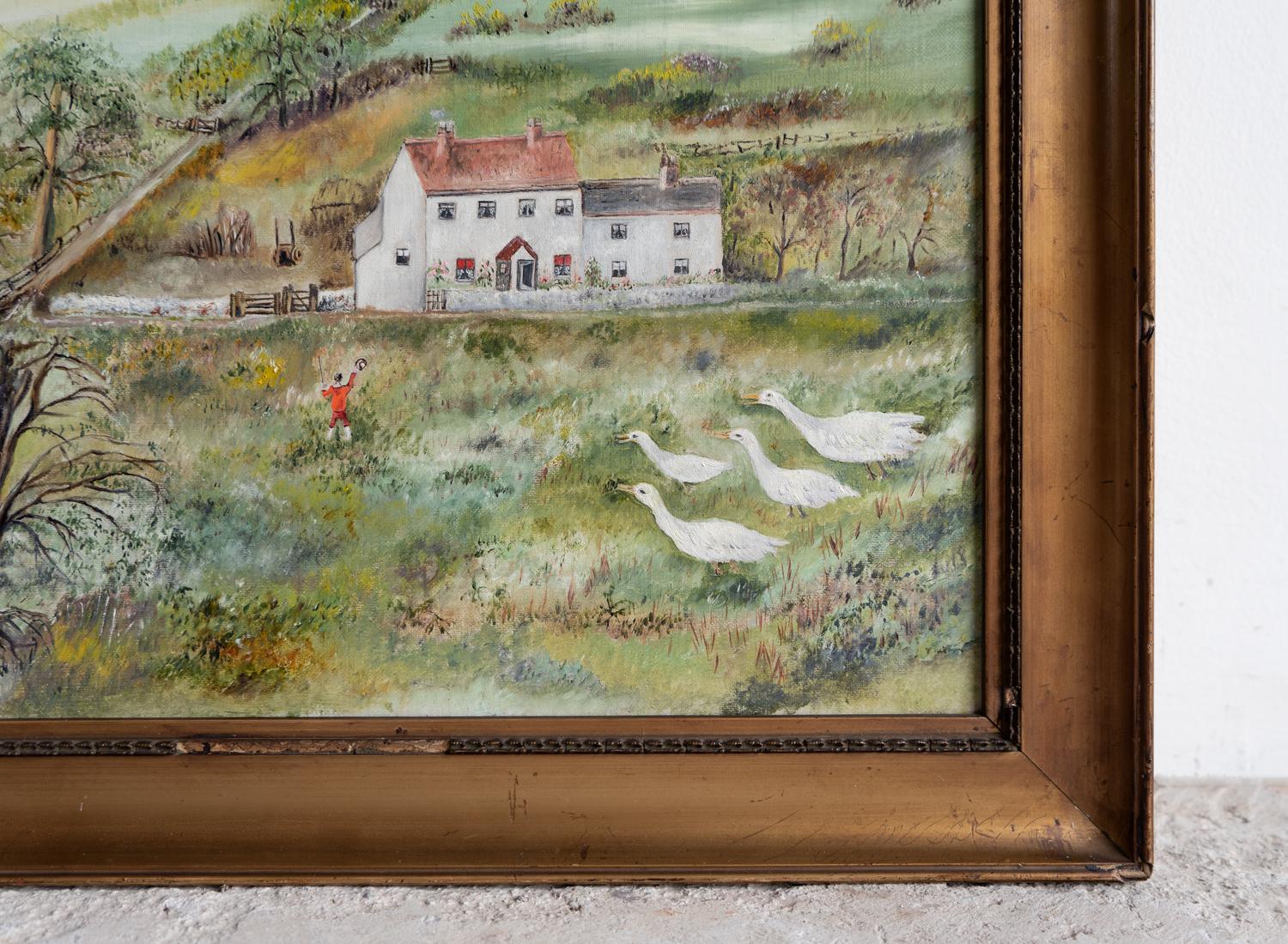 Antike Naive Volkskunst Ländliche Landschaft, Original Ölgemälde, Ende 19. (Englisch) im Angebot