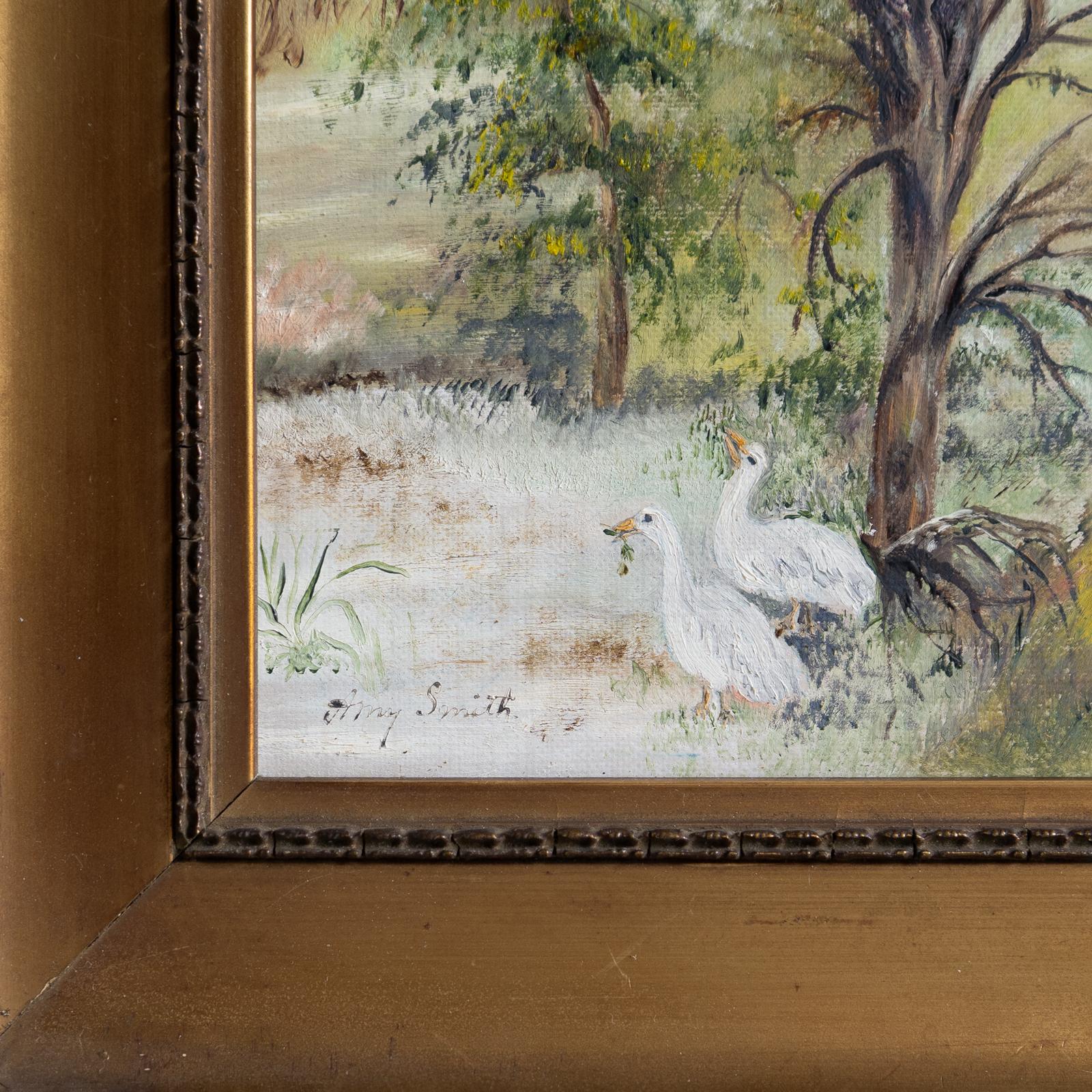 Antike Naive Volkskunst Ländliche Landschaft, Original Ölgemälde, Ende 19. (Handgefertigt) im Angebot