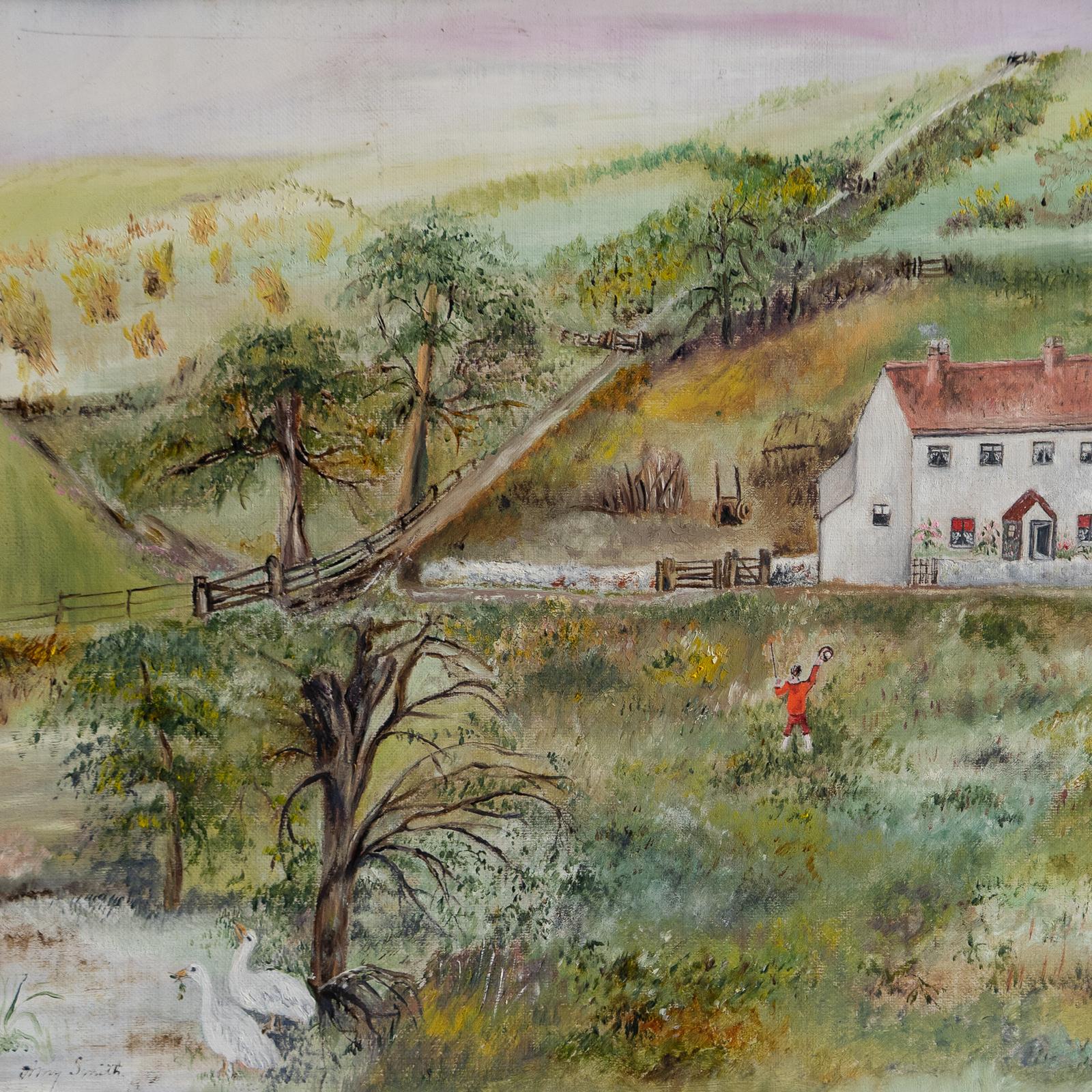 Antike Naive Volkskunst Ländliche Landschaft, Original Ölgemälde, Ende 19. im Zustand „Gut“ im Angebot in Bristol, GB