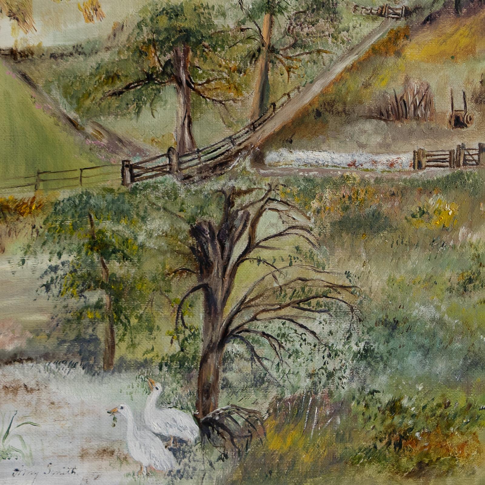 Antike Naive Volkskunst Ländliche Landschaft, Original Ölgemälde, Ende 19. (19. Jahrhundert) im Angebot