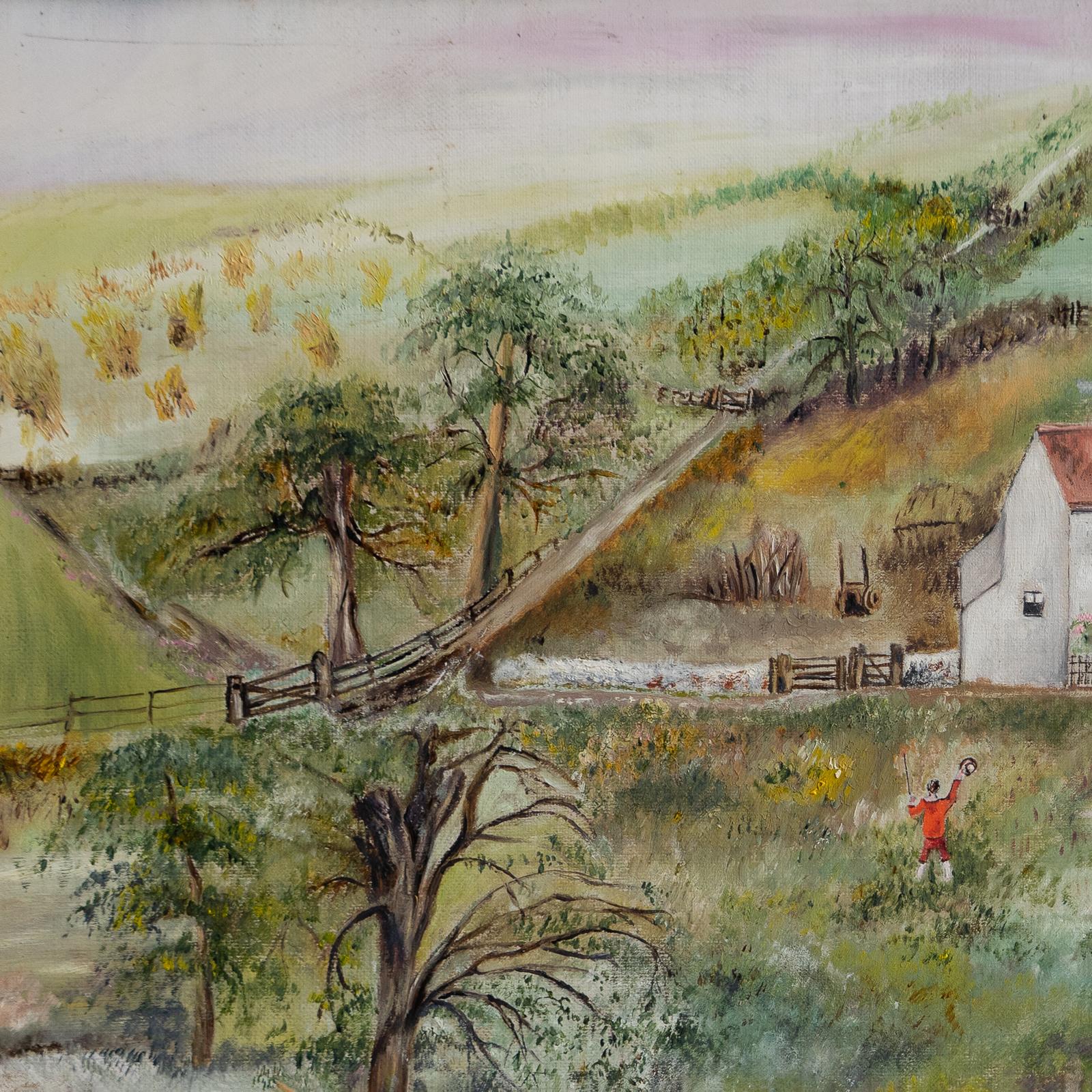 Antike Naive Volkskunst Ländliche Landschaft, Original Ölgemälde, Ende 19. (Leinwand) im Angebot
