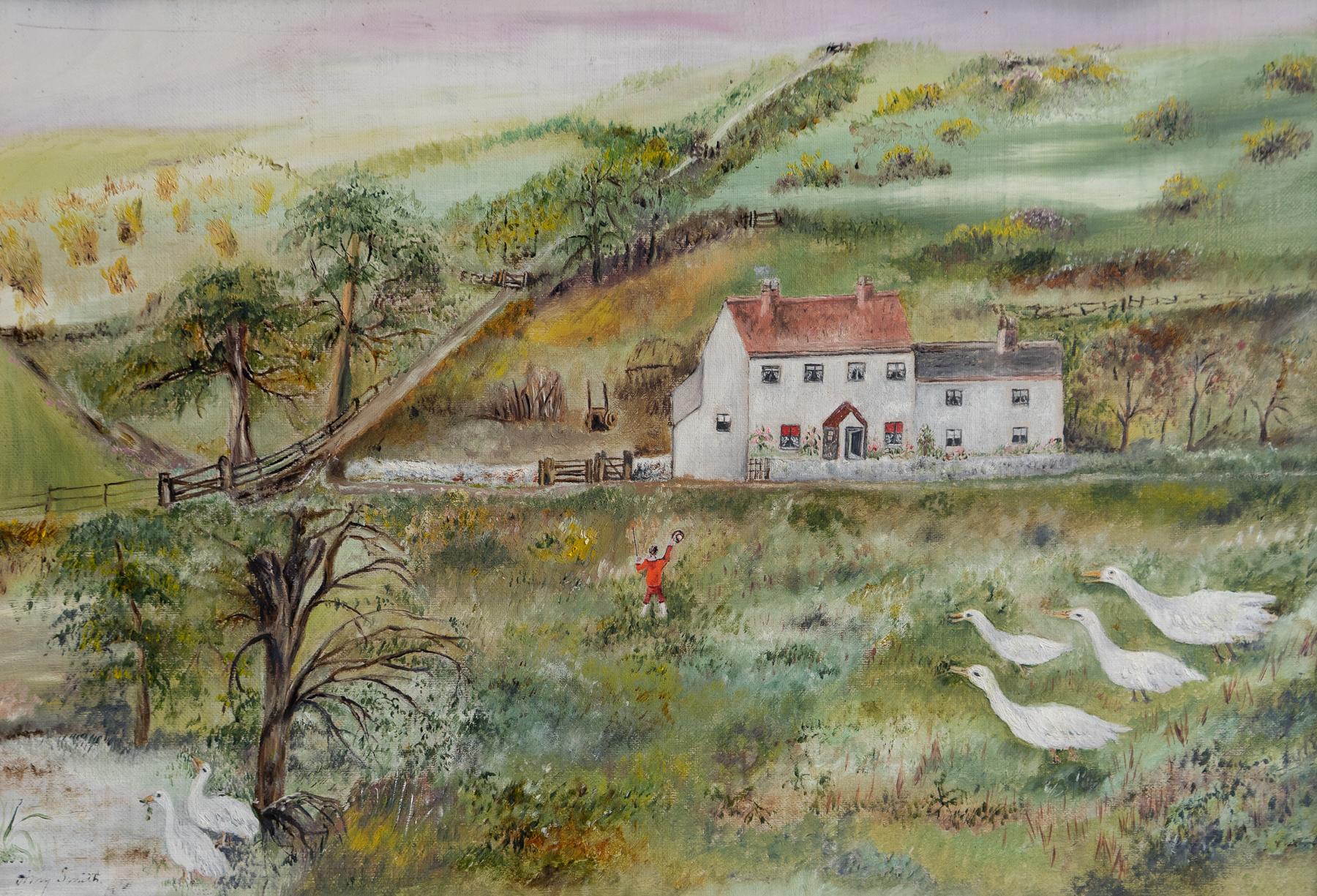 Antike Naive Volkskunst Ländliche Landschaft, Original Ölgemälde, Ende 19. im Angebot 2