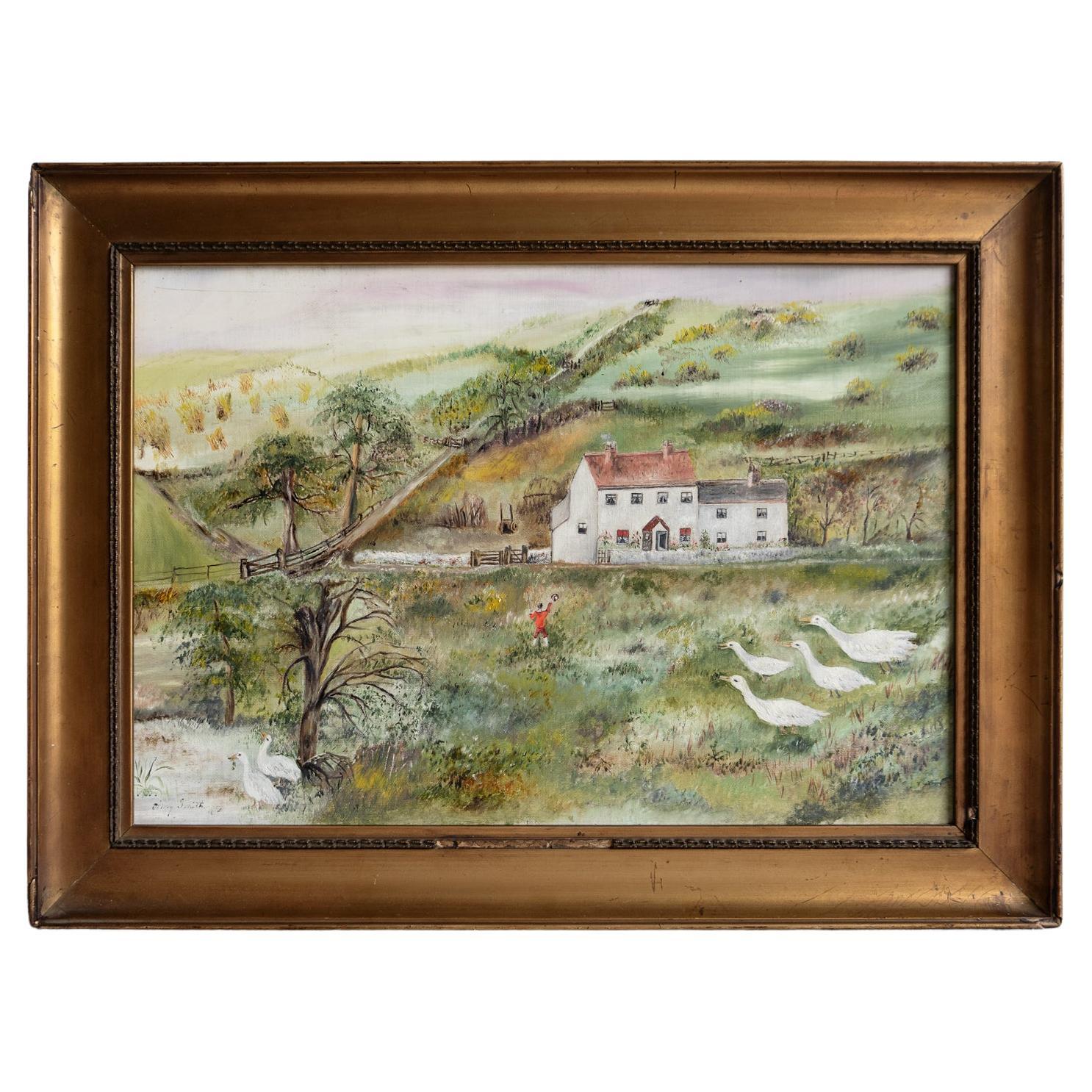 Antike Naive Volkskunst Ländliche Landschaft, Original Ölgemälde, Ende 19. im Angebot