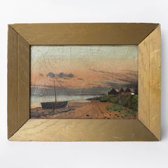 Antico quadro di arte popolare naif con scena di spiaggia al tramonto, pittura ad olio originale di paesaggio