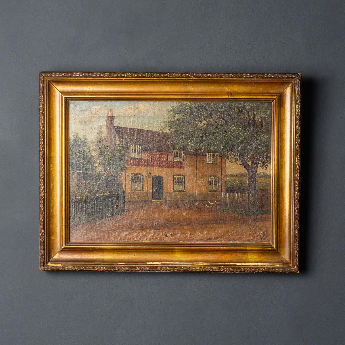 English Antique Naive Oil Depicting Berkshire Pub by Francis Vingoe, Early 20th Century For Sale
