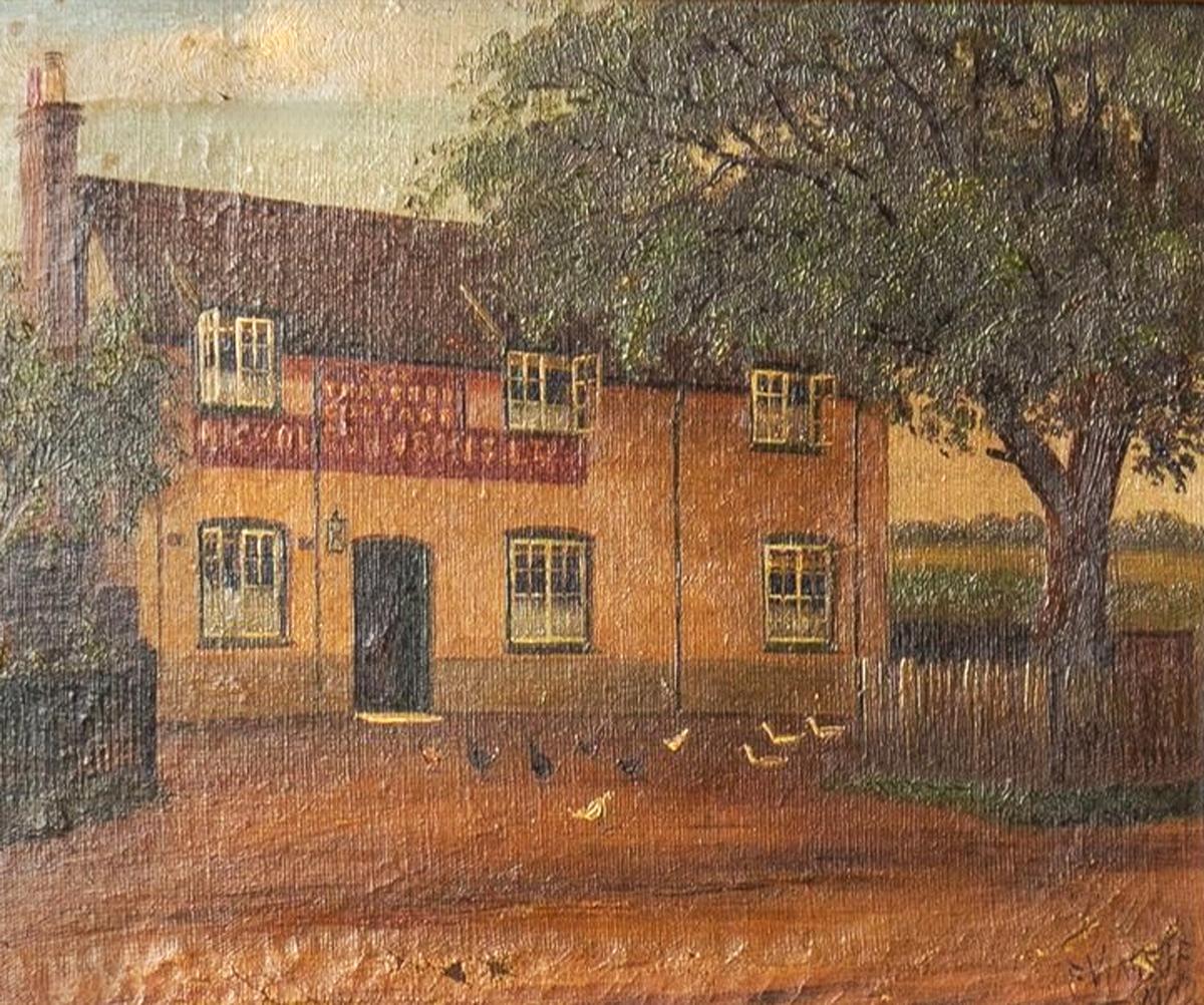 Ancienne huile naïve représentant un pub du Berkshire par Francis Vingoe, début du 20e siècle en vente 5