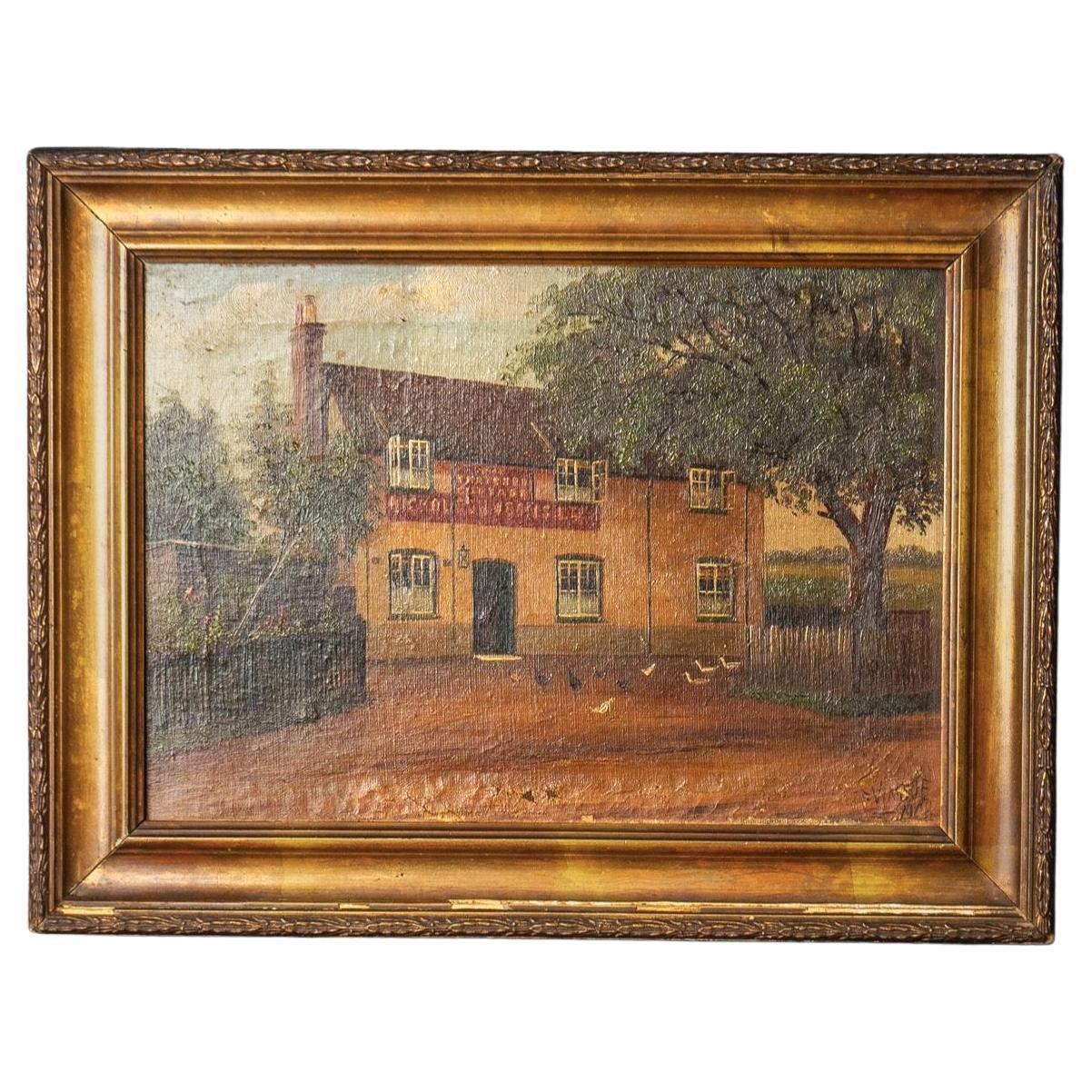 Antique Naive Oil Depicting Berkshire Pub by Francis Vingoe, Early 20th Century For Sale