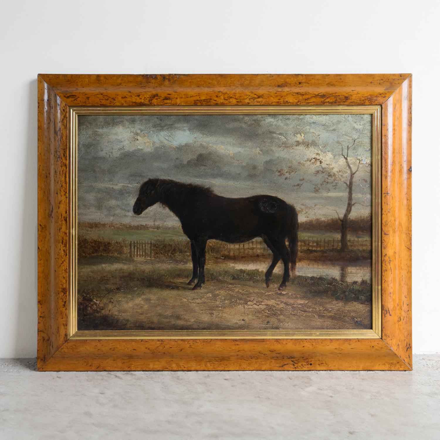 ANTIQUE ENGLISH ORIGINAL OIL PAINTING DEPICTING A HORSE

A dramatic scene depicting a charming black horse set against a dramatic backdrop, dark clouds are forming and a storm is a brewing in an typically English rambling county landscape.

Painted