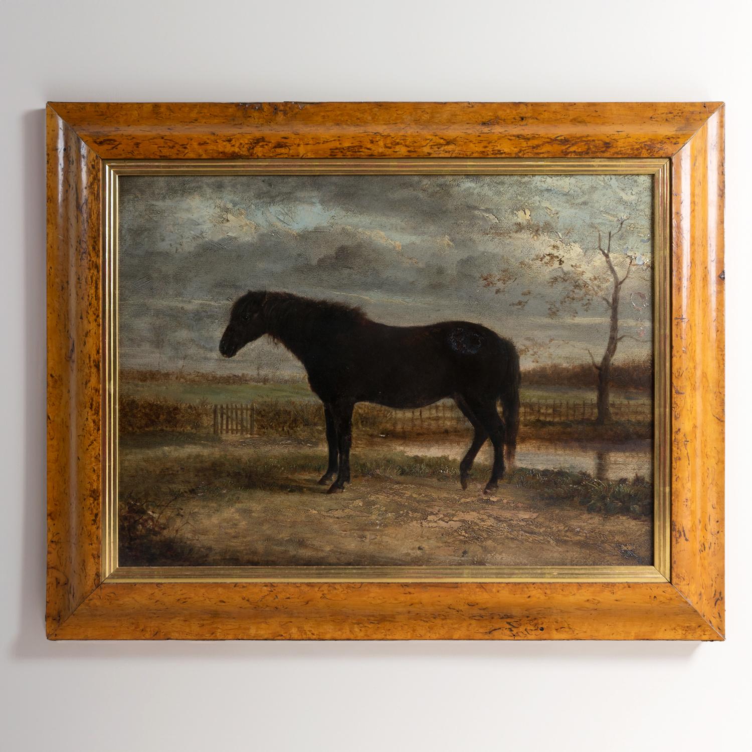 Canvas Antique Naive Portrait Of A Horse In A Landscape, Original Oil On Board Painting
