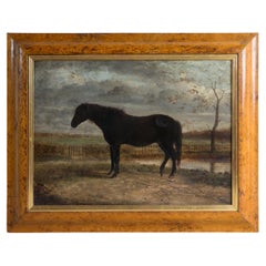 Antique Naive Portrait Of A Horse In A Landscape, Original Oil On Board Painting